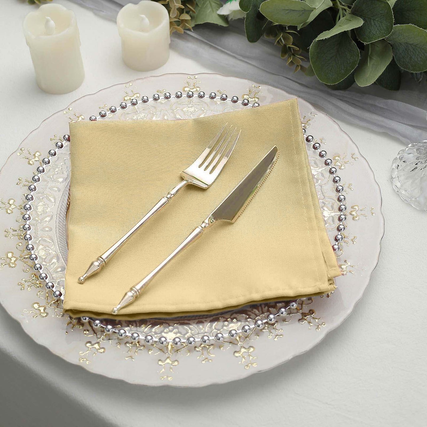 5 Pack Polyester 17"x17" Napkins Champagne - Durable & Wrinkle Resistant Dinner Napkins - Linen Luxes