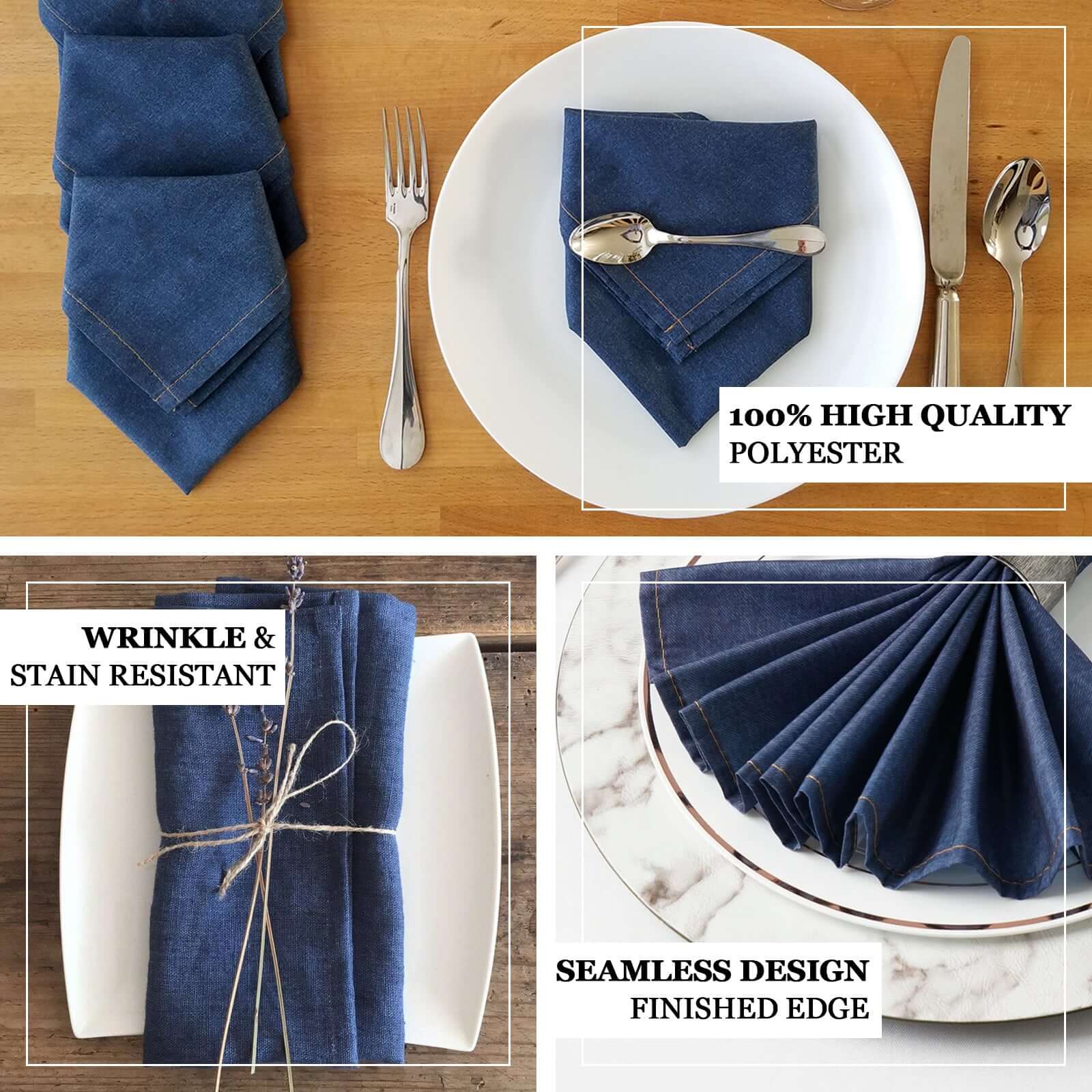 5 Pack Polyester 17"x17" Napkins Dark Denim Blue in Faux Denim Style Dinner Napkins for Casual Gatherings & Themed Events - Linen Luxes