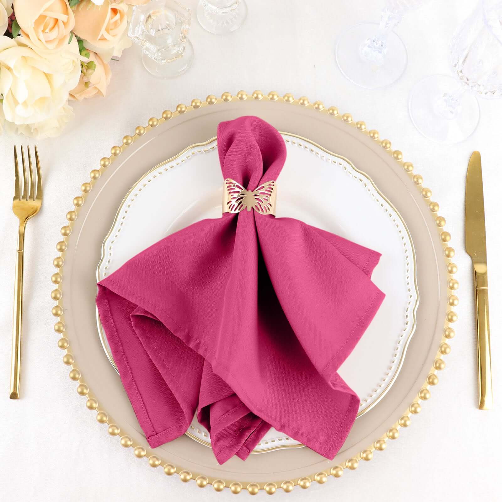 5 Pack Polyester 17"x17" Napkins Fuchsia - Durable & Wrinkle Resistant Dinner Napkins - Linen Luxes