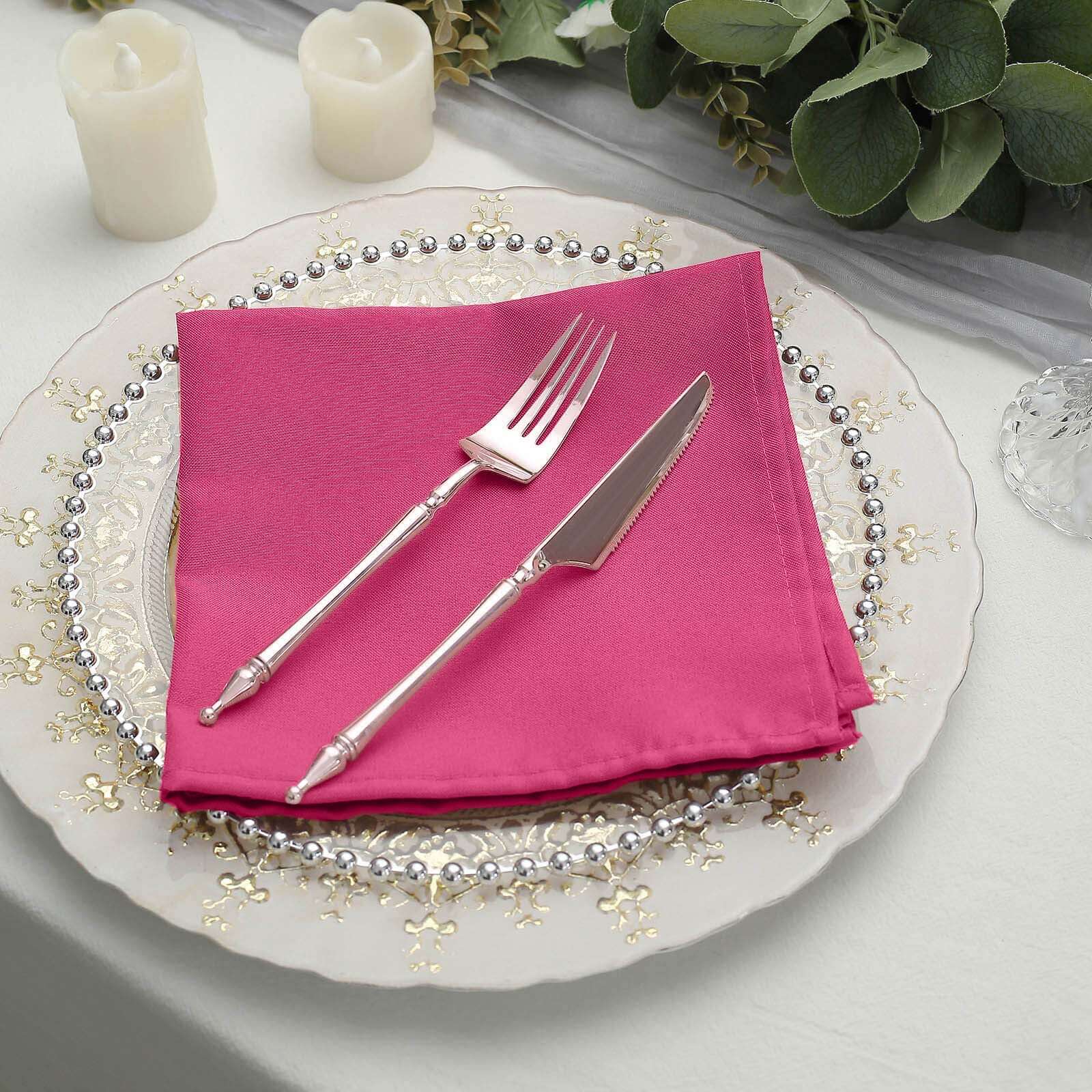 5 Pack Polyester 17"x17" Napkins Fuchsia - Durable & Wrinkle Resistant Dinner Napkins - Linen Luxes