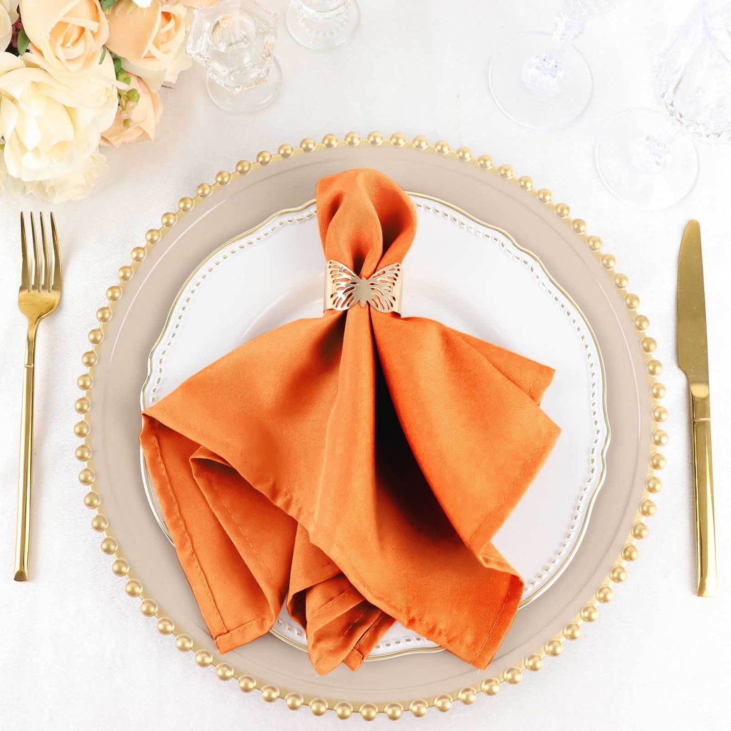 5 Pack Polyester 17"x17" Napkins Orange - Durable & Wrinkle Resistant Dinner Napkins - Linen Luxes