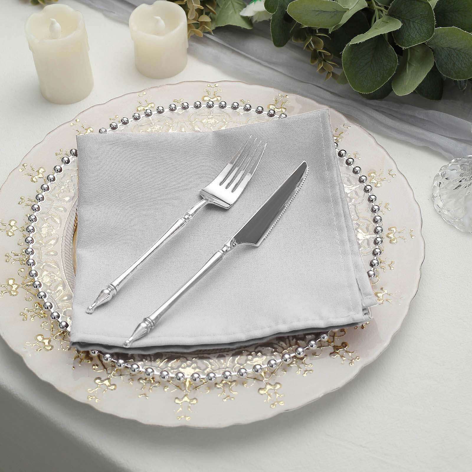 5 Pack Polyester 17"x17" Napkins Silver - Durable & Wrinkle Resistant Dinner Napkins - Linen Luxes