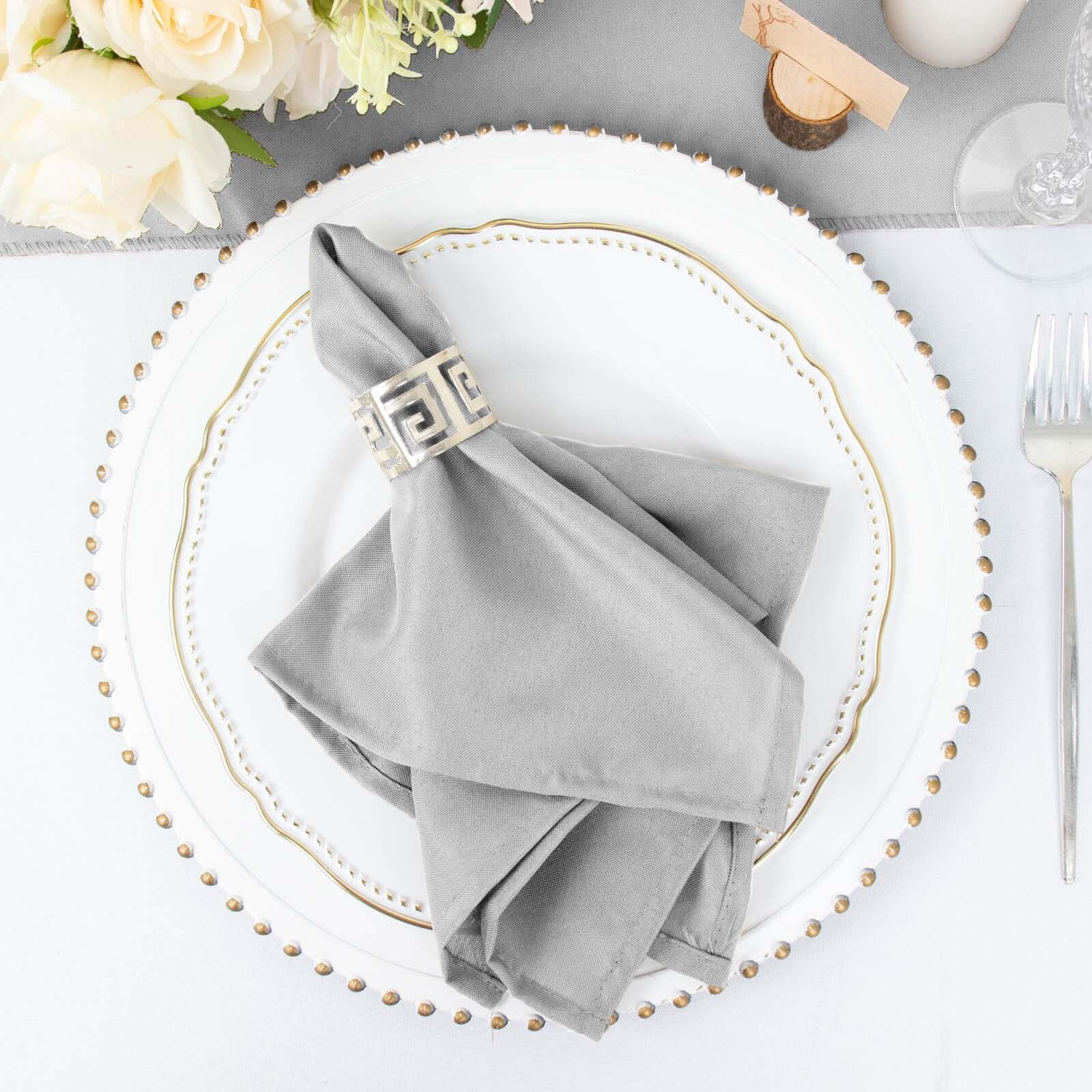 5 Pack Polyester 17"x17" Napkins Silver - Durable & Wrinkle Resistant Dinner Napkins - Linen Luxes