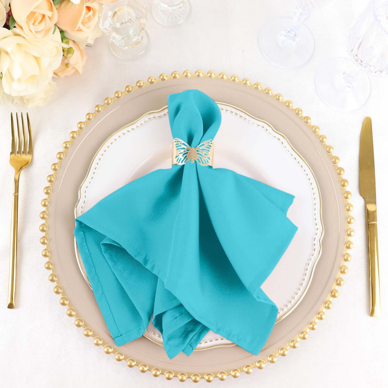 5 Pack Polyester 17"x17" Napkins Turquoise - Durable & Wrinkle Resistant Dinner Napkins - Linen Luxes