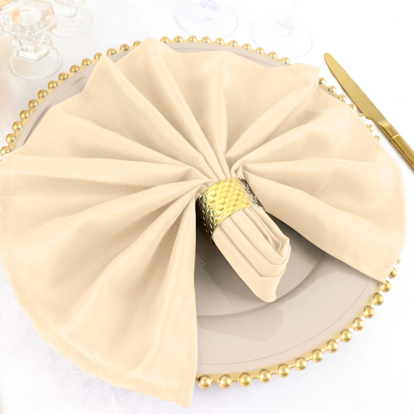 5 Pack Polyester 20"x20" Napkins Beige - Wrinkle Resistant & Easy Care Cloth Napkins - Linen Luxes