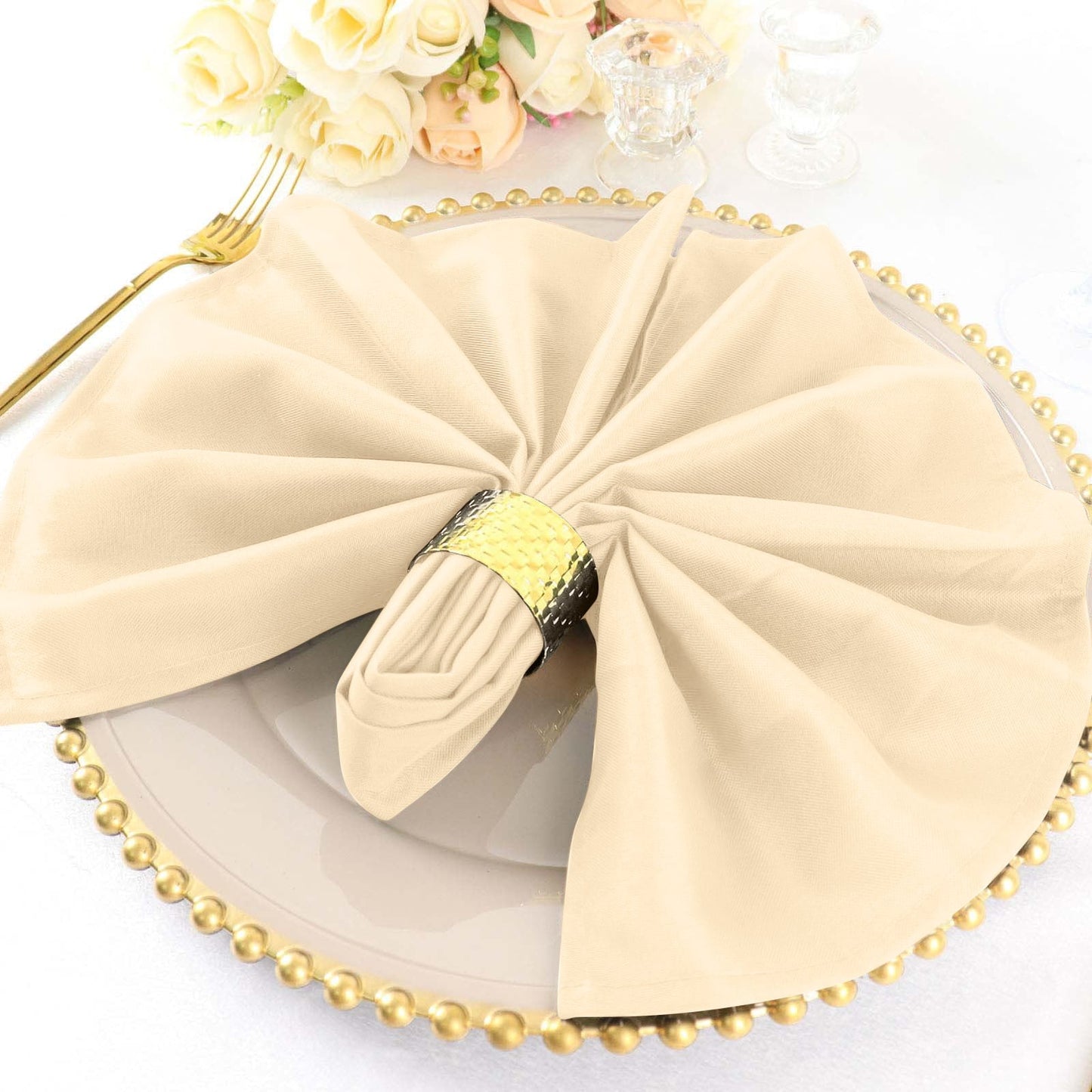 5 Pack Polyester 20"x20" Napkins Beige - Wrinkle Resistant & Easy Care Cloth Napkins - Linen Luxes