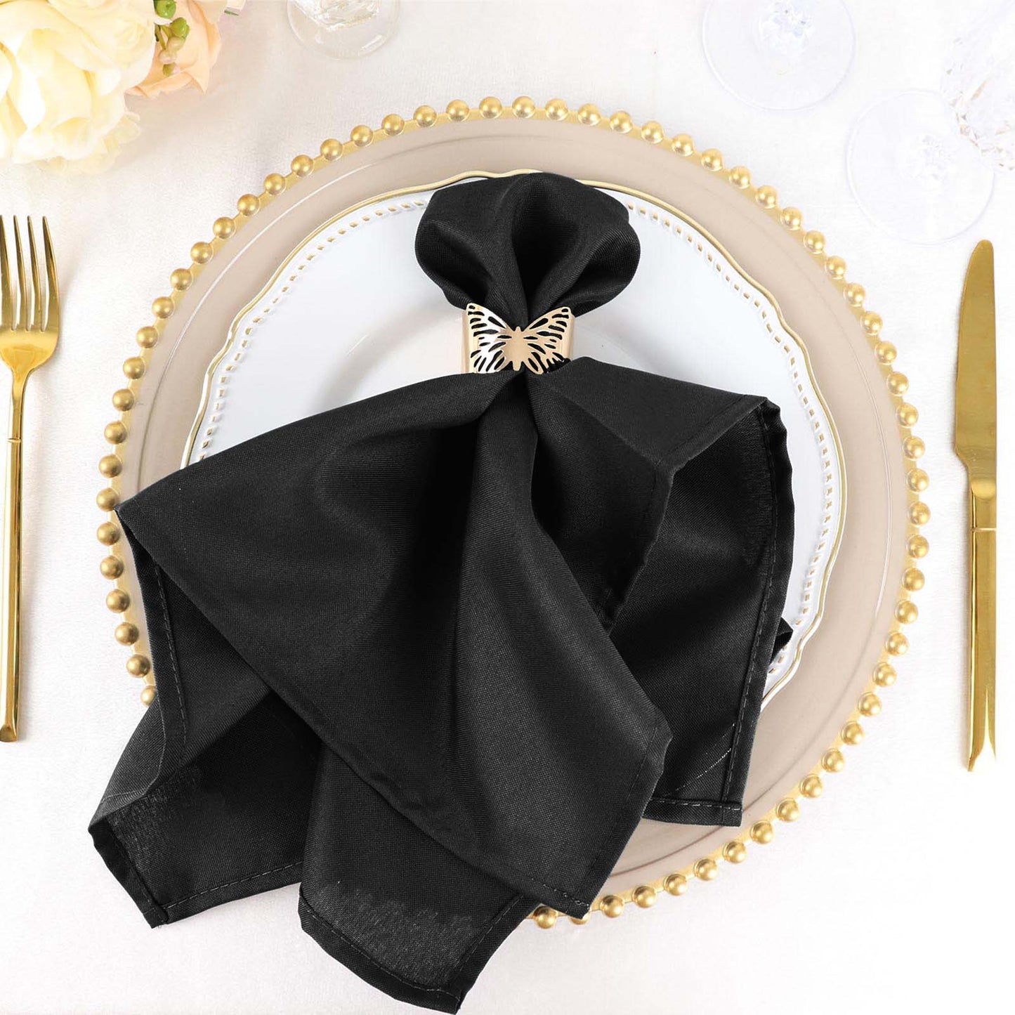 5 Pack Polyester 20"x20" Napkins Black - Wrinkle Resistant & Easy Care Cloth Napkins for Special Occasions - Linen Luxes