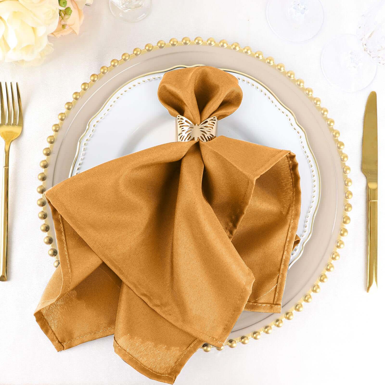 5 Pack Polyester 20"x20" Napkins Gold - Wrinkle Resistant & Easy Care Cloth Napkins for Special Occasions - Linen Luxes