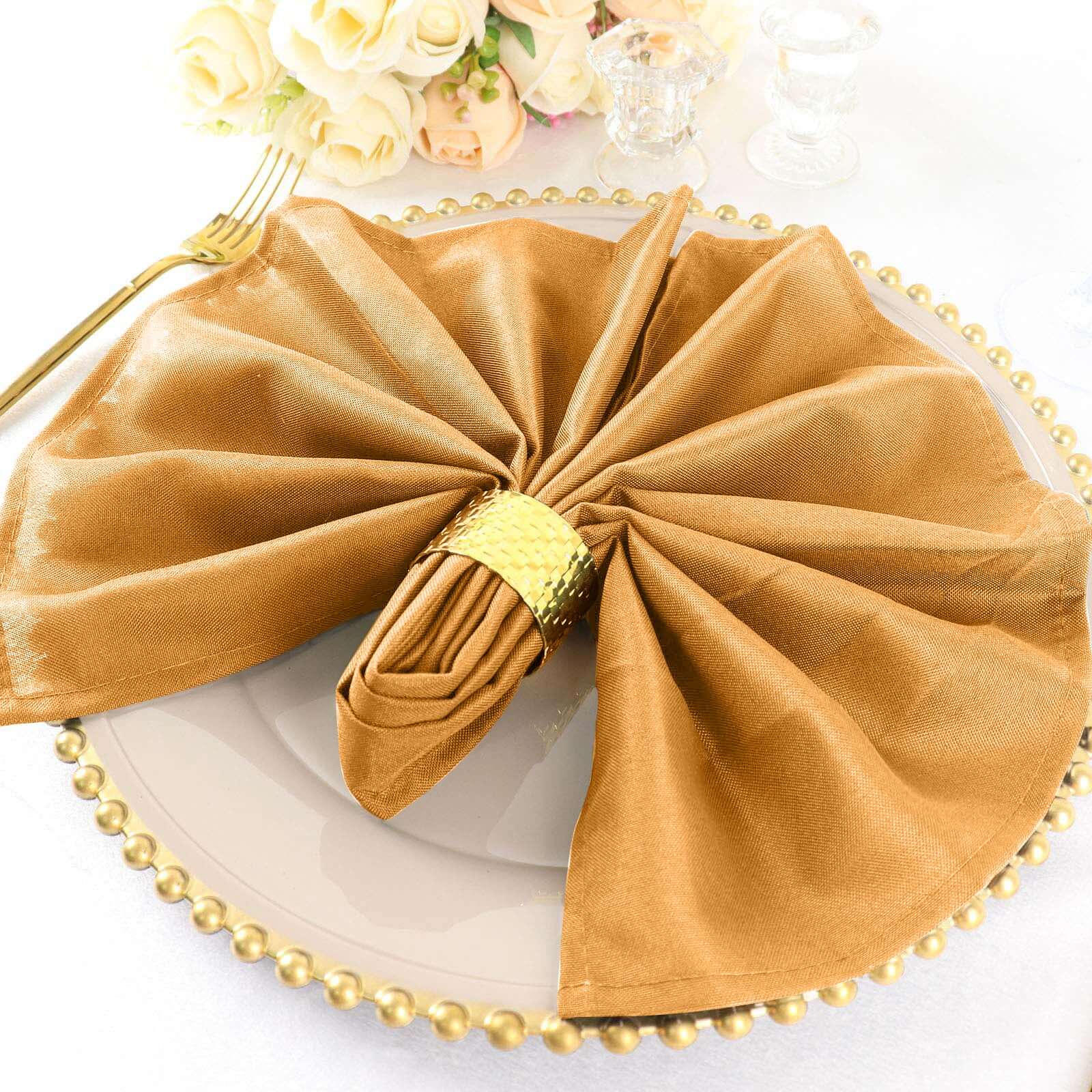 5 Pack Polyester 20"x20" Napkins Gold - Wrinkle Resistant & Easy Care Cloth Napkins for Special Occasions - Linen Luxes