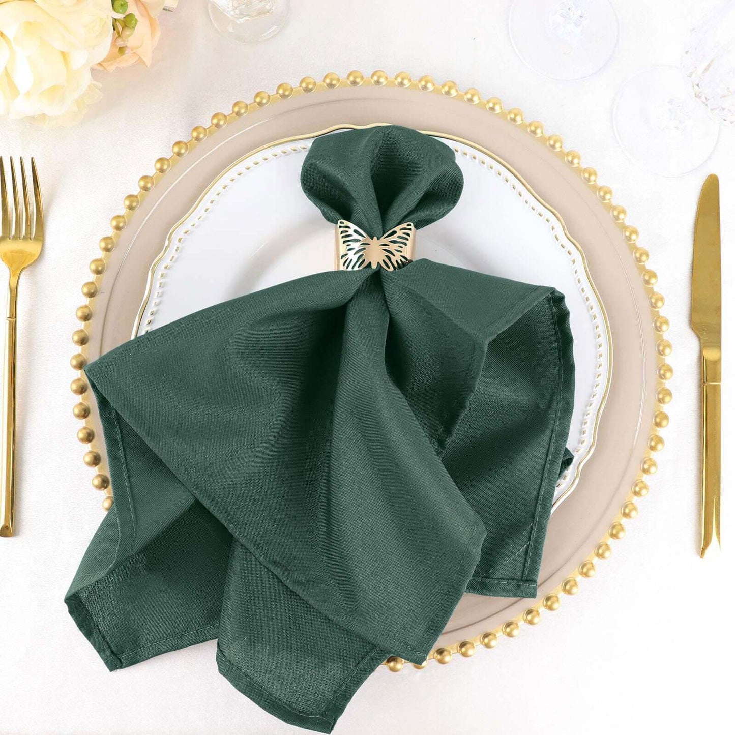 5 Pack Polyester 20"x20" Napkins Hunter Emerald Green - Wrinkle Resistant & Easy Care Cloth Napkins - Linen Luxes