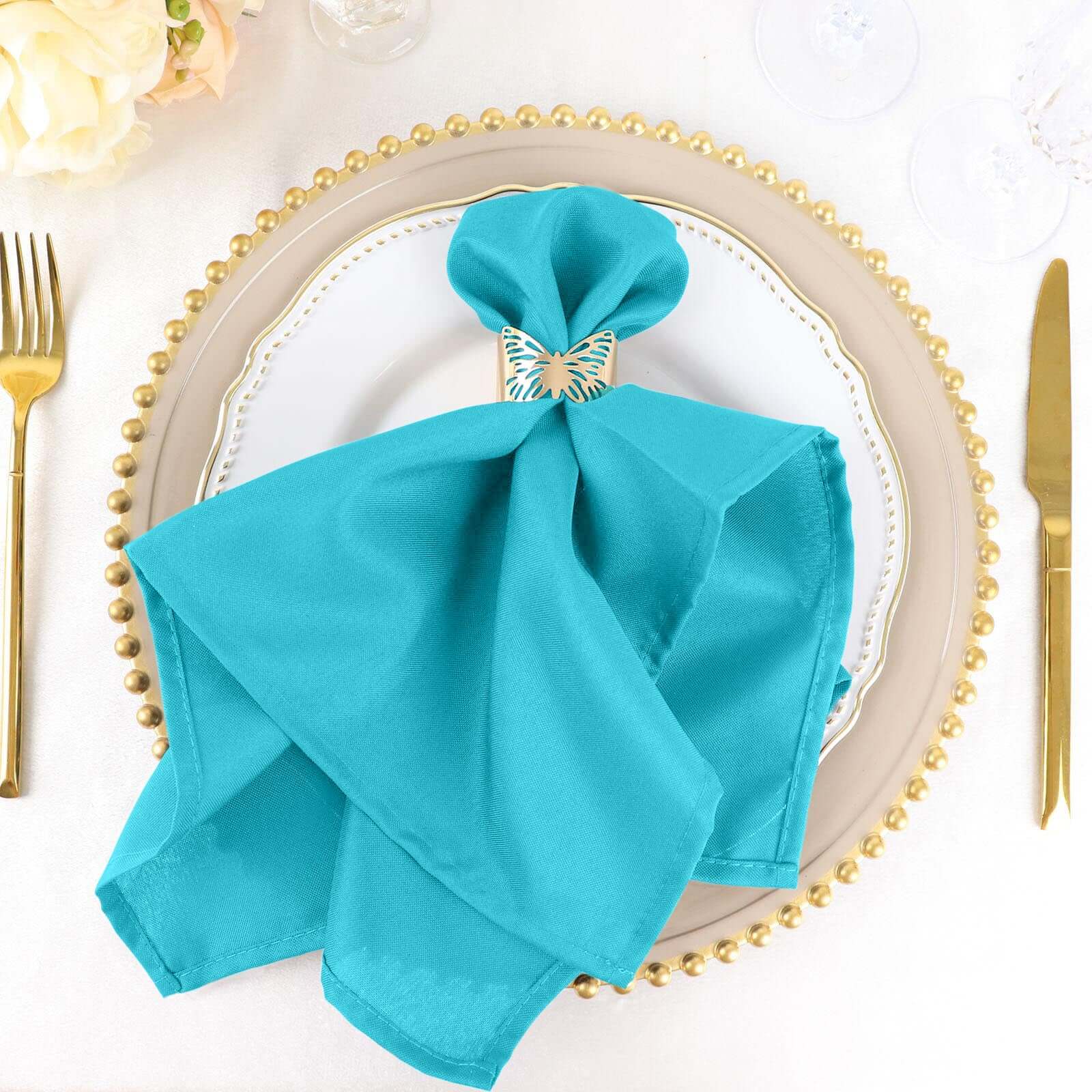 5 Pack Polyester 20"x20" Napkins Turquoise - Wrinkle Resistant & Easy Care Cloth Napkins - Linen Luxes