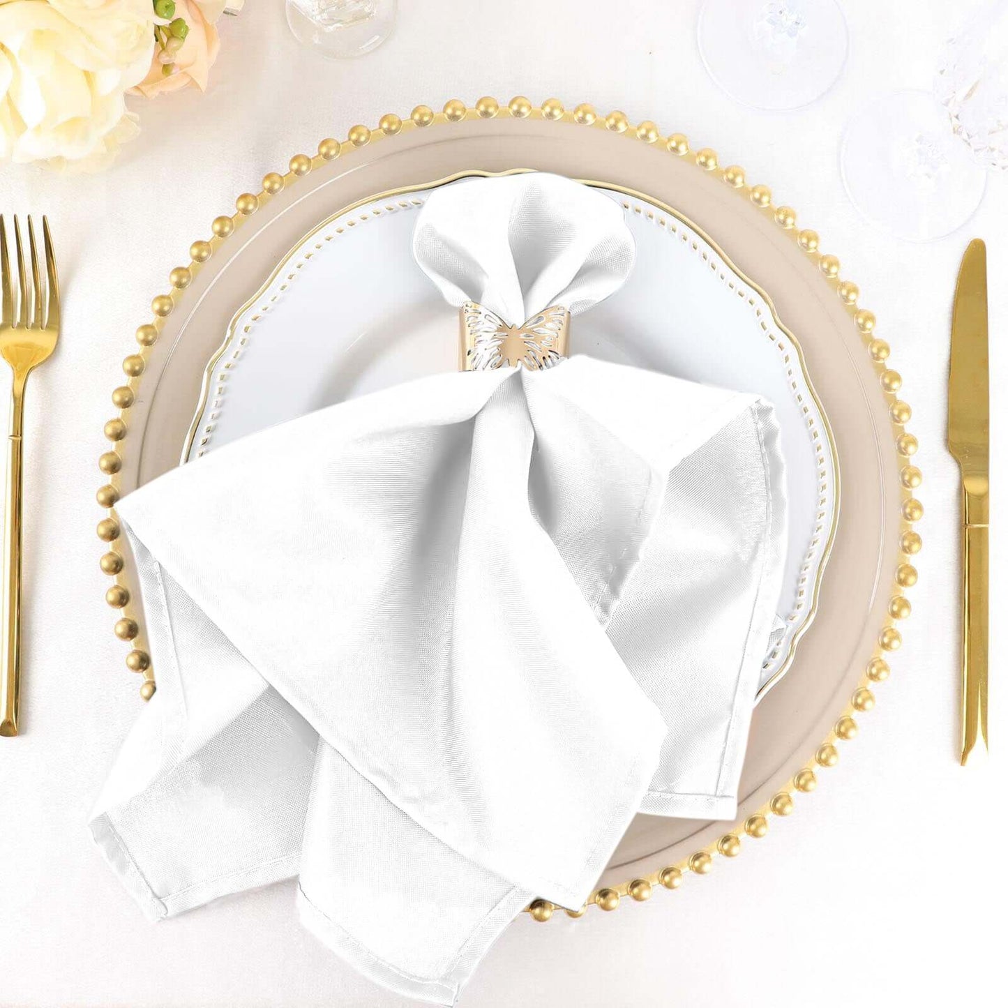 5 Pack Polyester 20"x20" Napkins White - Wrinkle Resistant & Easy Care Cloth Napkins for Special Occasions - Linen Luxes