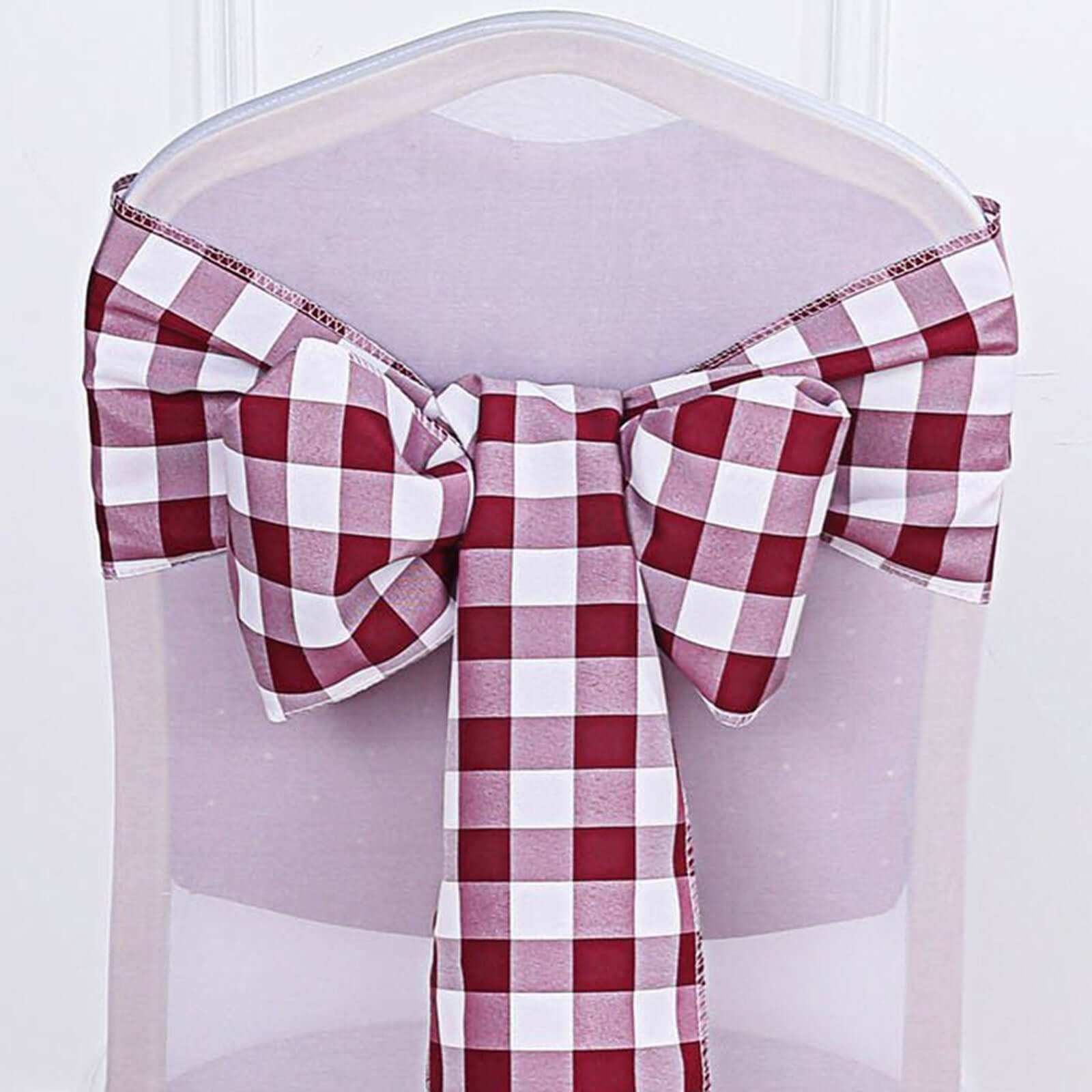 5 Pack Polyester Chair Sashes Burgundy/White Buffalo Plaid - Durable & Reusable Chair Bows 6"x108" - Linen Luxes