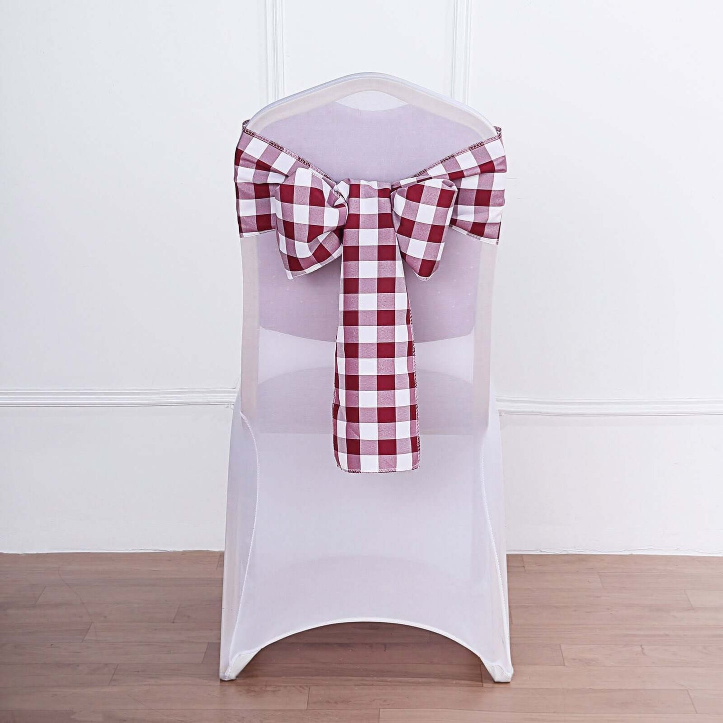 5 Pack Polyester Chair Sashes Burgundy/White Buffalo Plaid - Durable & Reusable Chair Bows 6"x108" - Linen Luxes