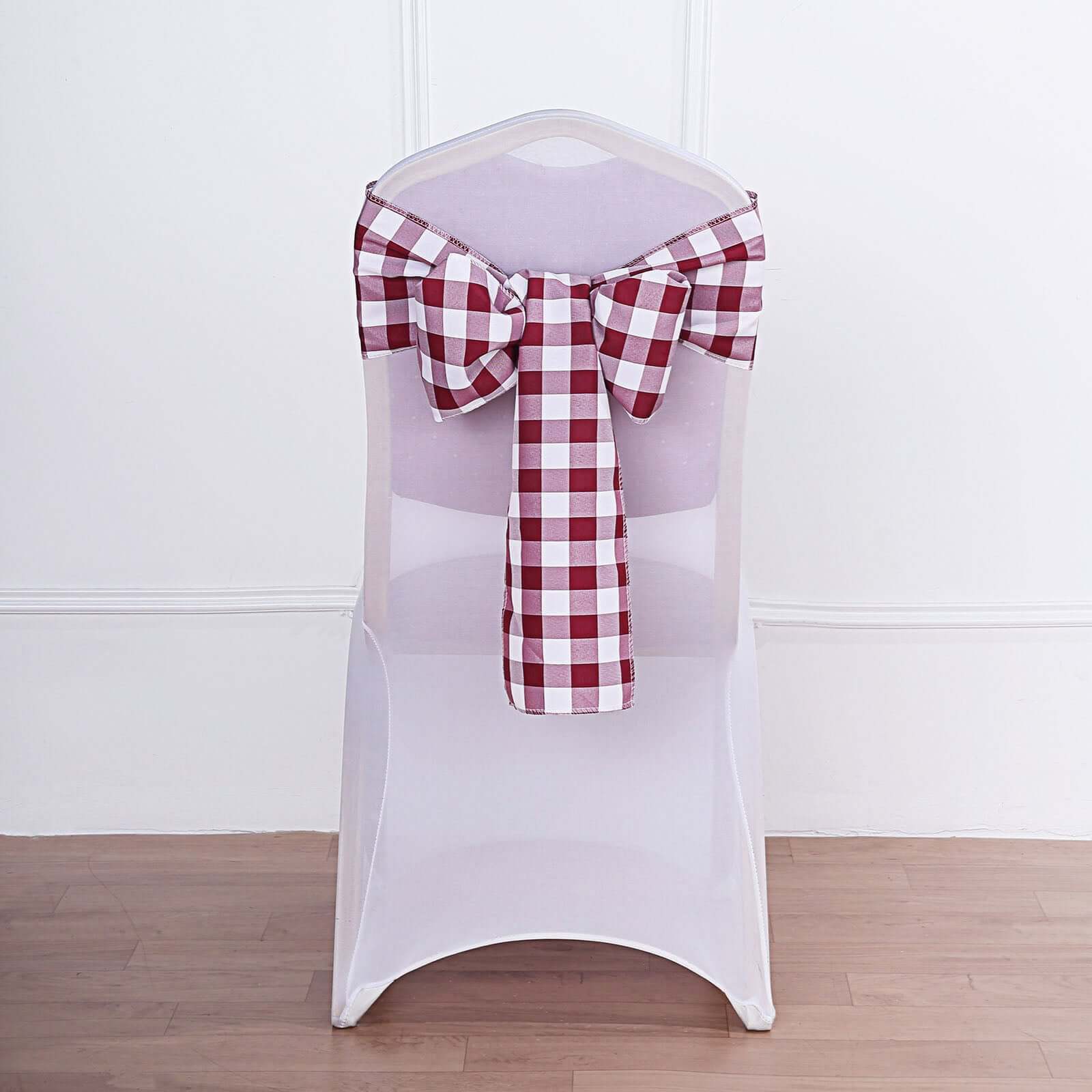 5 Pack Polyester Chair Sashes Burgundy/White Buffalo Plaid - Durable & Reusable Chair Bows 6"x108" - Linen Luxes
