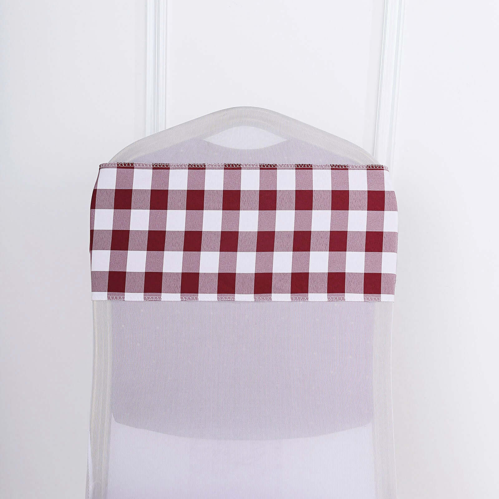 5 Pack Polyester Chair Sashes Burgundy/White Buffalo Plaid - Durable & Reusable Chair Bows 6"x108" - Linen Luxes