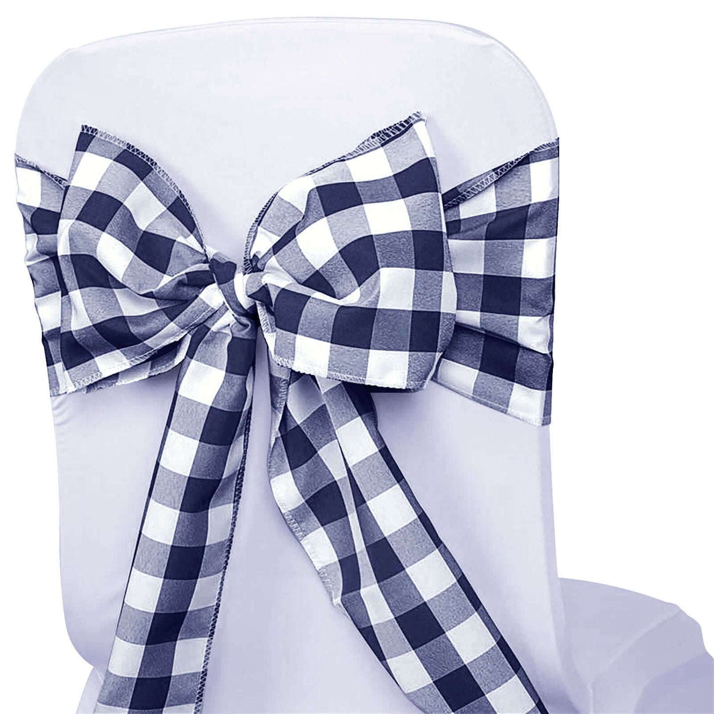 5 Pack Polyester Chair Sashes Navy Blue/White Buffalo Plaid - Durable & Reusable Chair Bows 6"x108" - Linen Luxes