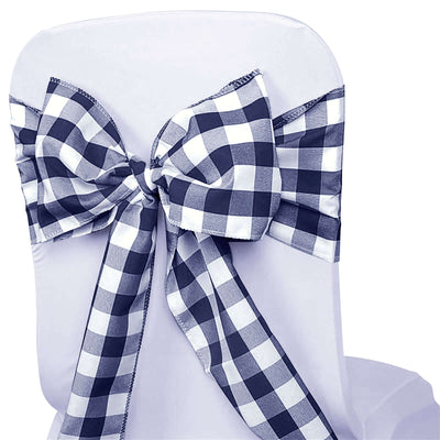 5 Pack Polyester Chair Sashes Navy Blue/White Buffalo Plaid - Durable & Reusable Chair Bows 6"x108" - Linen Luxes
