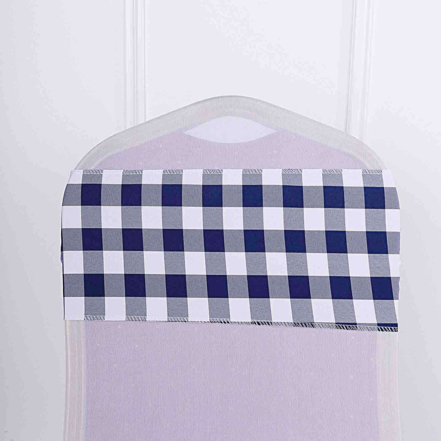 5 Pack Polyester Chair Sashes Navy Blue/White Buffalo Plaid - Durable & Reusable Chair Bows 6"x108" - Linen Luxes