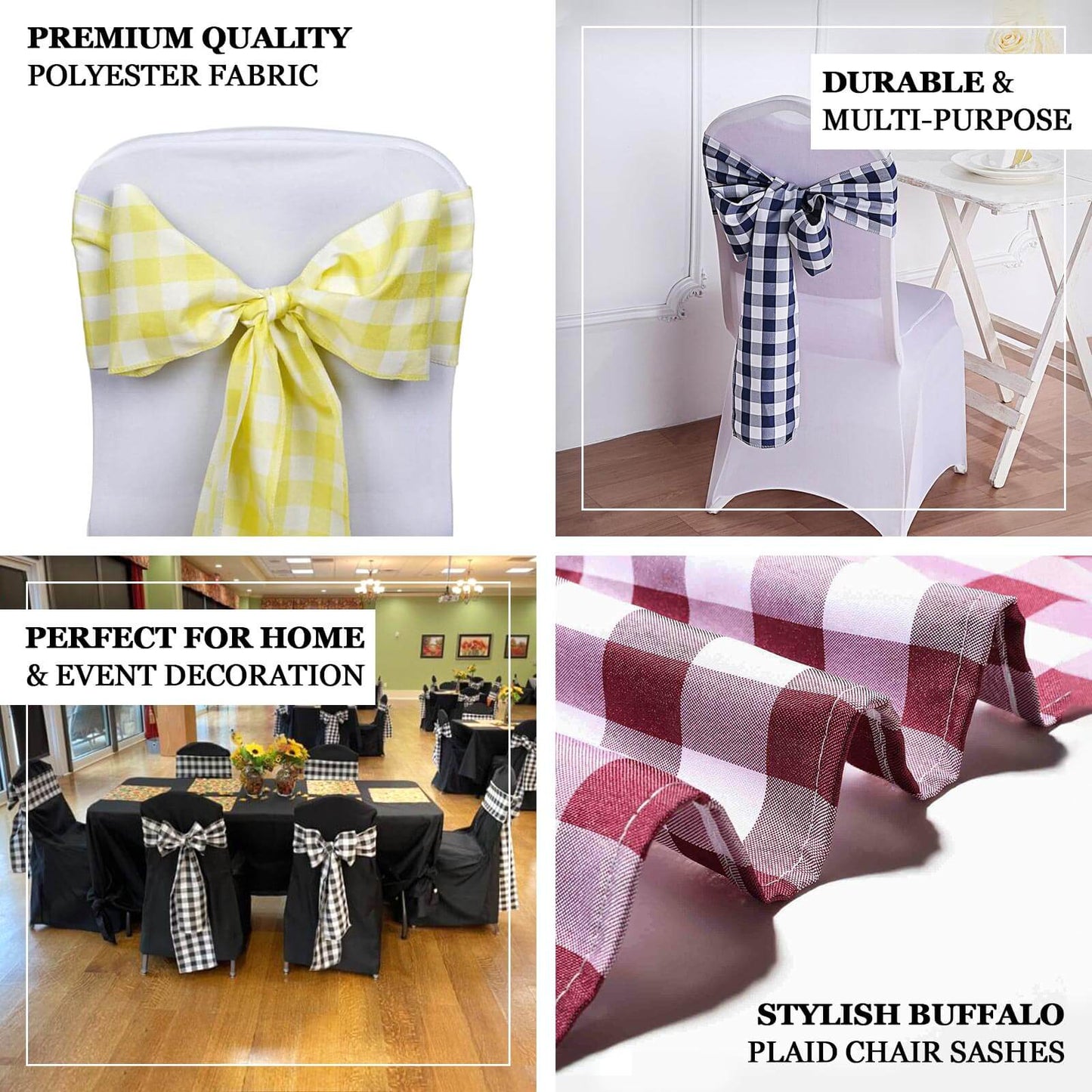 5 Pack Polyester Chair Sashes Navy Blue/White Buffalo Plaid - Durable & Reusable Chair Bows 6"x108" - Linen Luxes