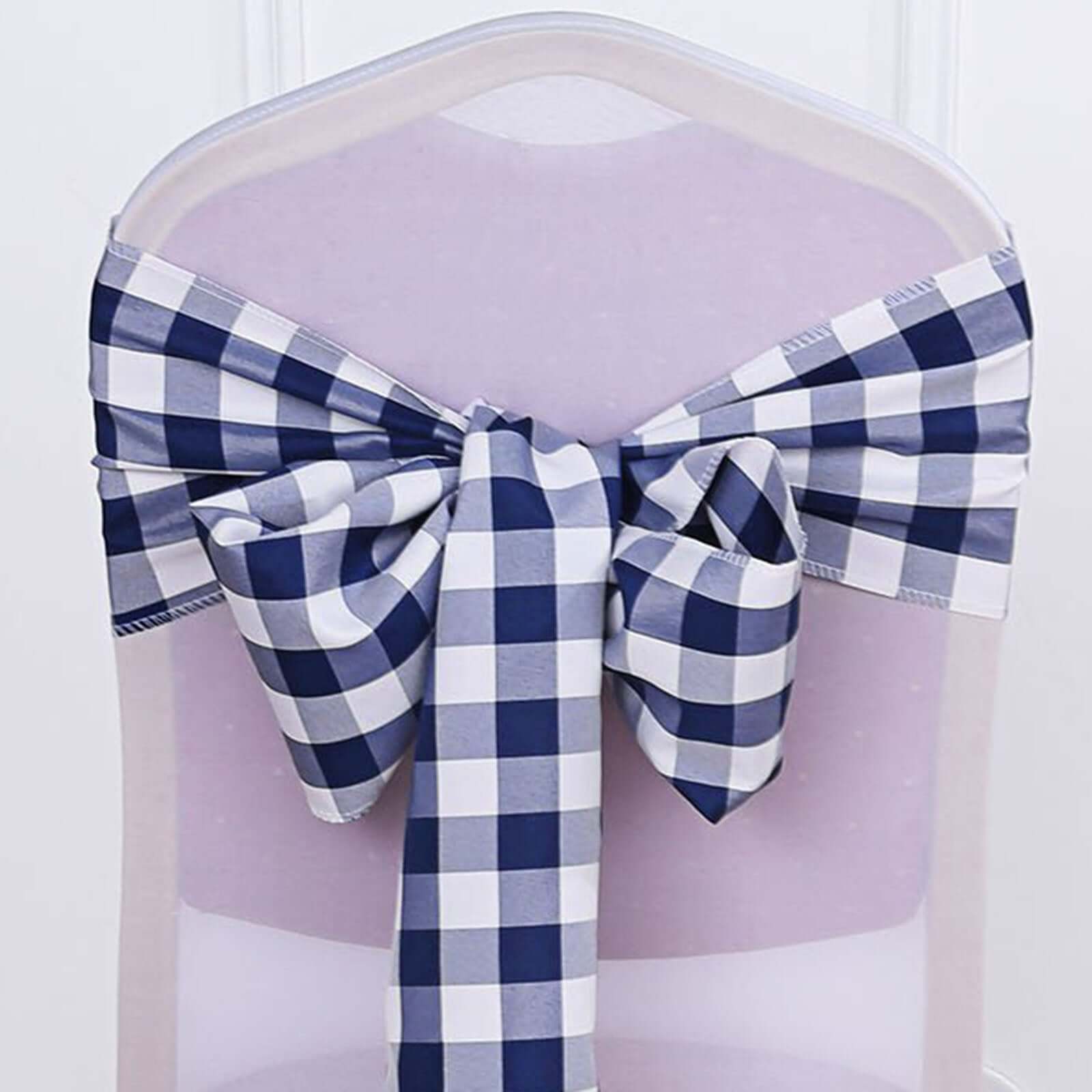 5 Pack Polyester Chair Sashes Navy Blue/White Buffalo Plaid - Durable & Reusable Chair Bows 6"x108" - Linen Luxes