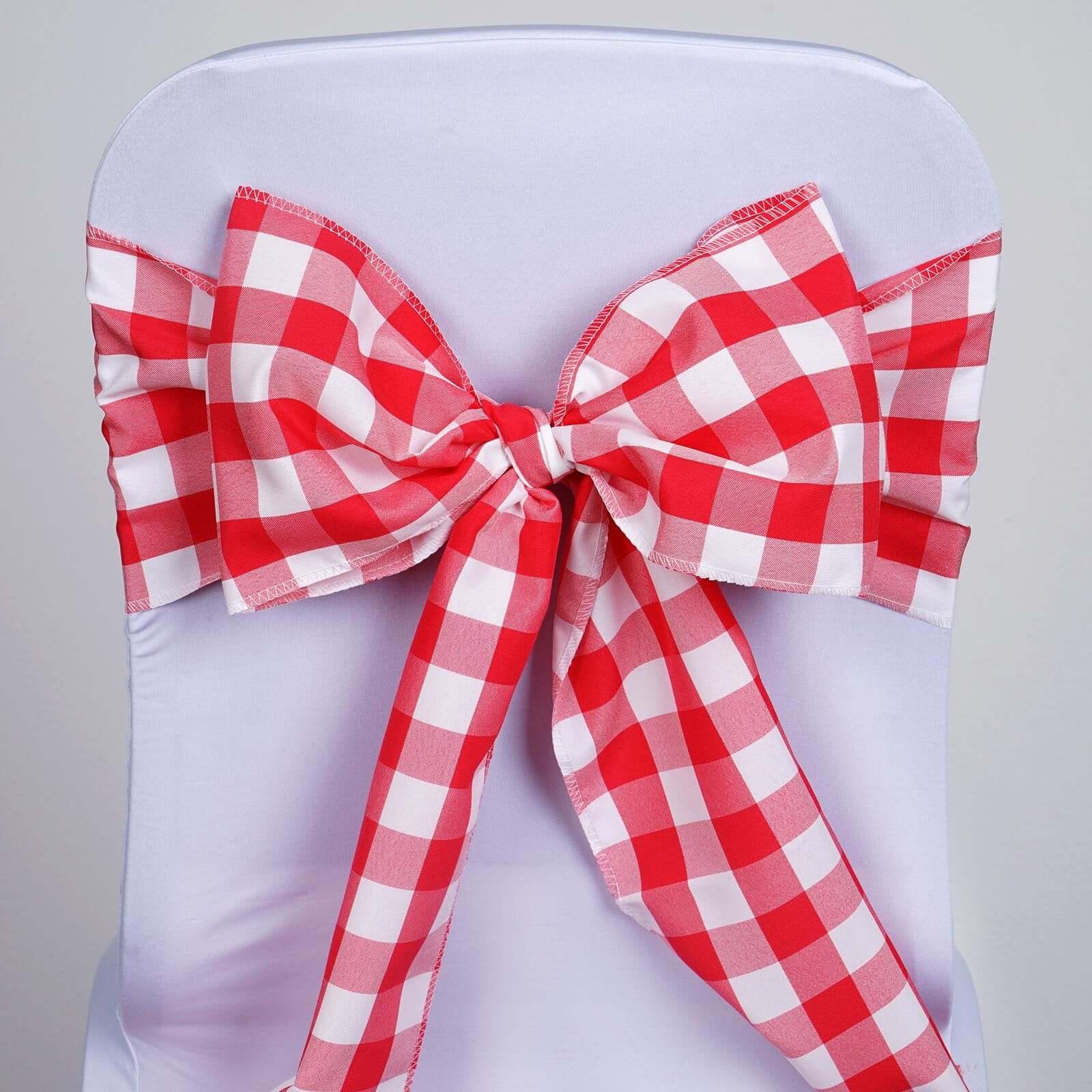 5 Pack Polyester Chair Sashes Red/White Buffalo Plaid - Durable & Reusable Chair Bows 6"x108" - Linen Luxes