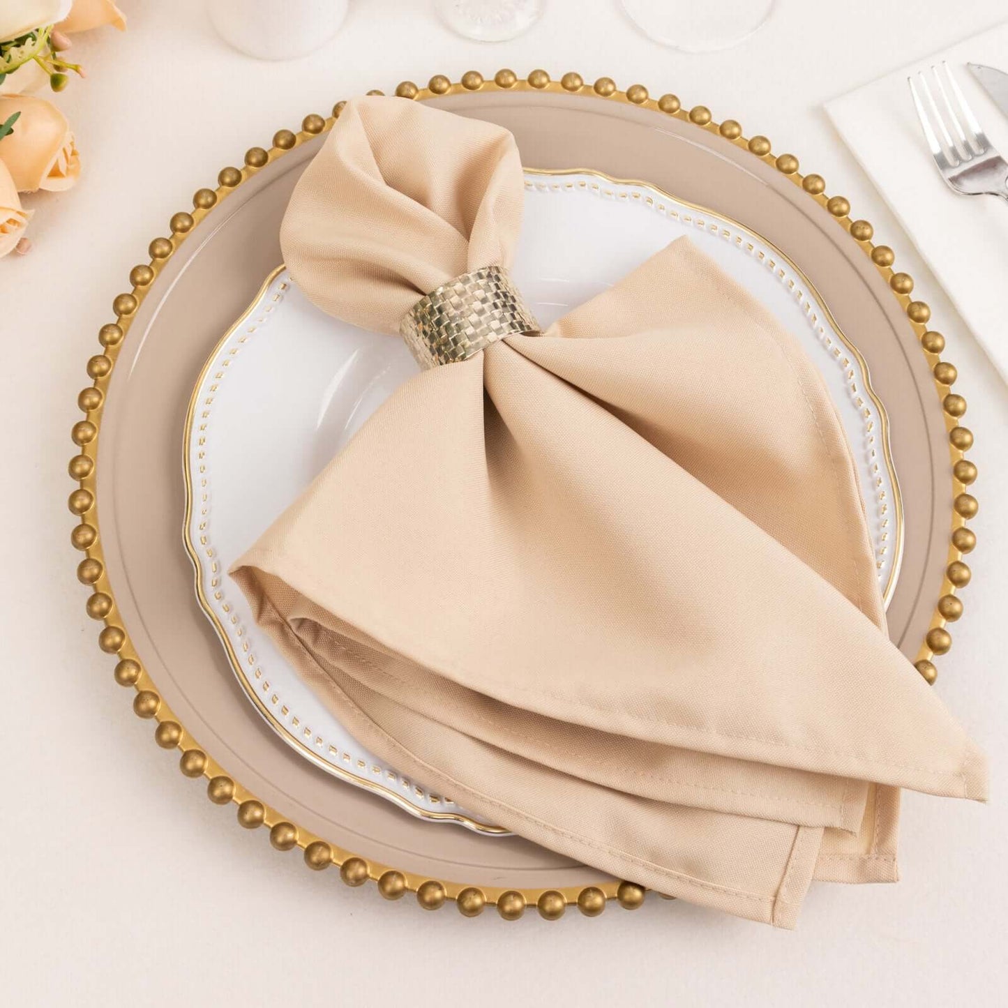 5 Pack Premium Polyester 20"x20" Napkins Beige - Wrinkle-Resistant & Durable Dinner Napkins