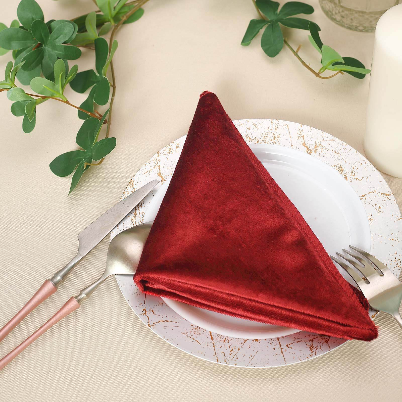 5 Pack Premium Velvet 20"x20" Napkins Burgundy - Soft Sheen Finish Cloth Napkins - Linen Luxes
