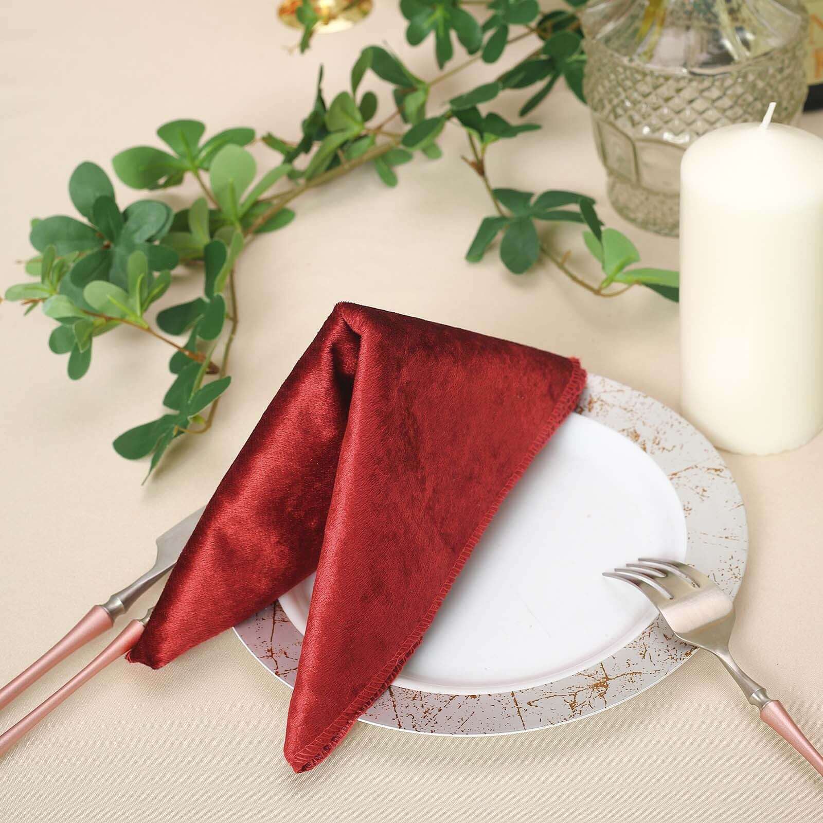 5 Pack Premium Velvet 20"x20" Napkins Burgundy - Soft Sheen Finish Cloth Napkins - Linen Luxes