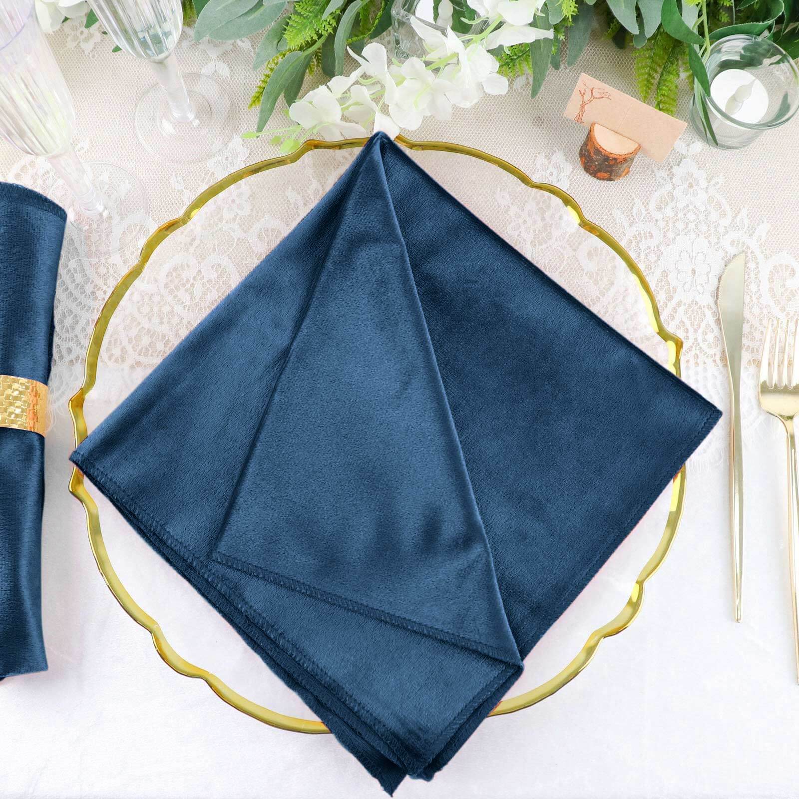 5 Pack Premium Velvet 20"x20" Napkins Navy Blue - Soft Sheen Finish Cloth Napkins - Linen Luxes