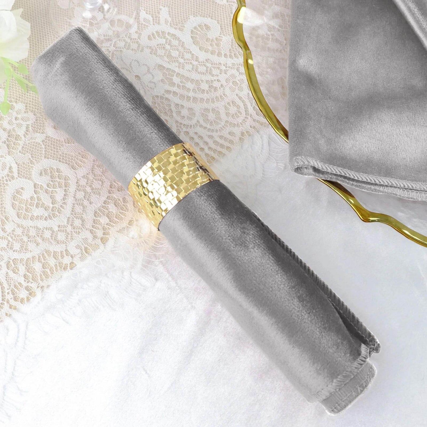 5 Pack Premium Velvet 20"x20" Napkins Silver - Soft Sheen Finish Cloth Napkins - Linen Luxes