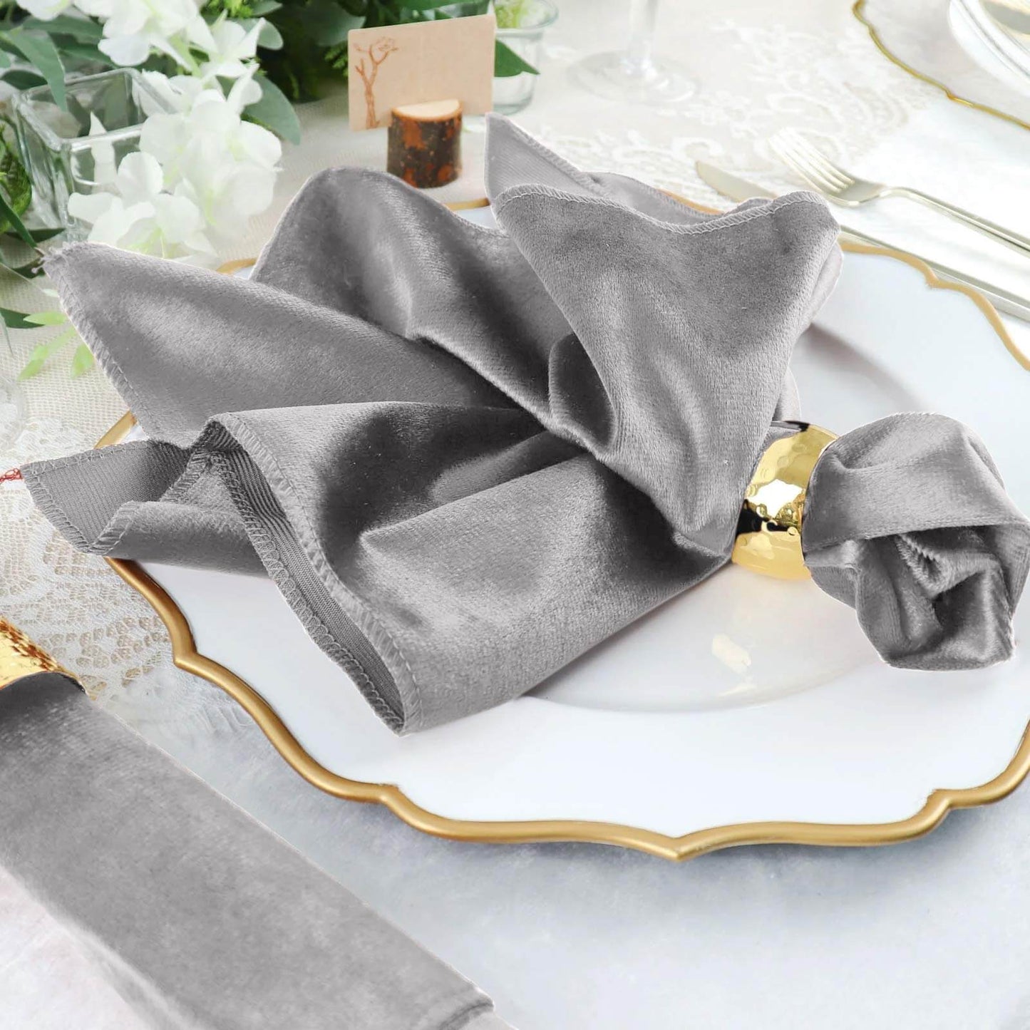 5 Pack Premium Velvet 20"x20" Napkins Silver - Soft Sheen Finish Cloth Napkins - Linen Luxes