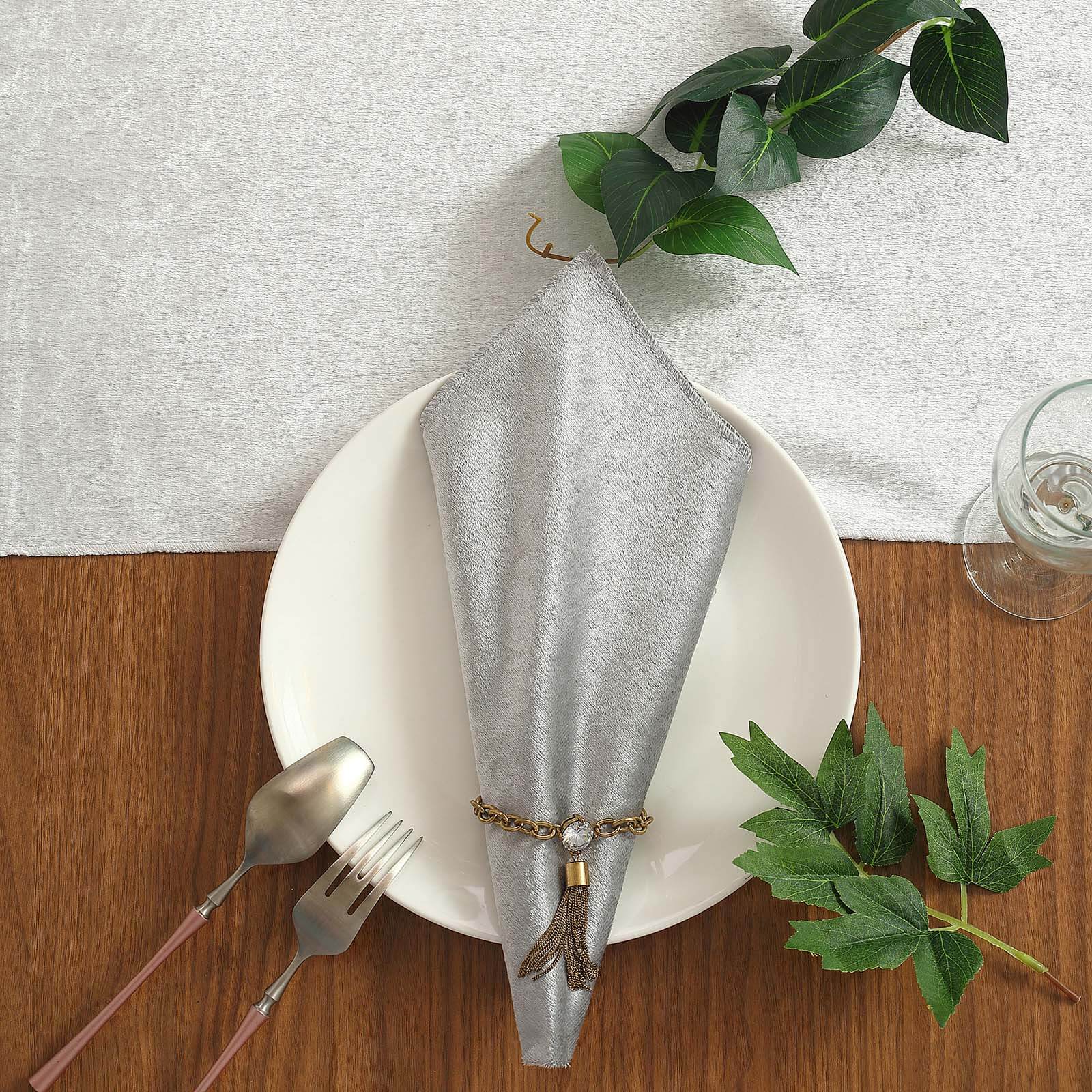 5 Pack Premium Velvet 20"x20" Napkins Silver - Soft Sheen Finish Cloth Napkins - Linen Luxes