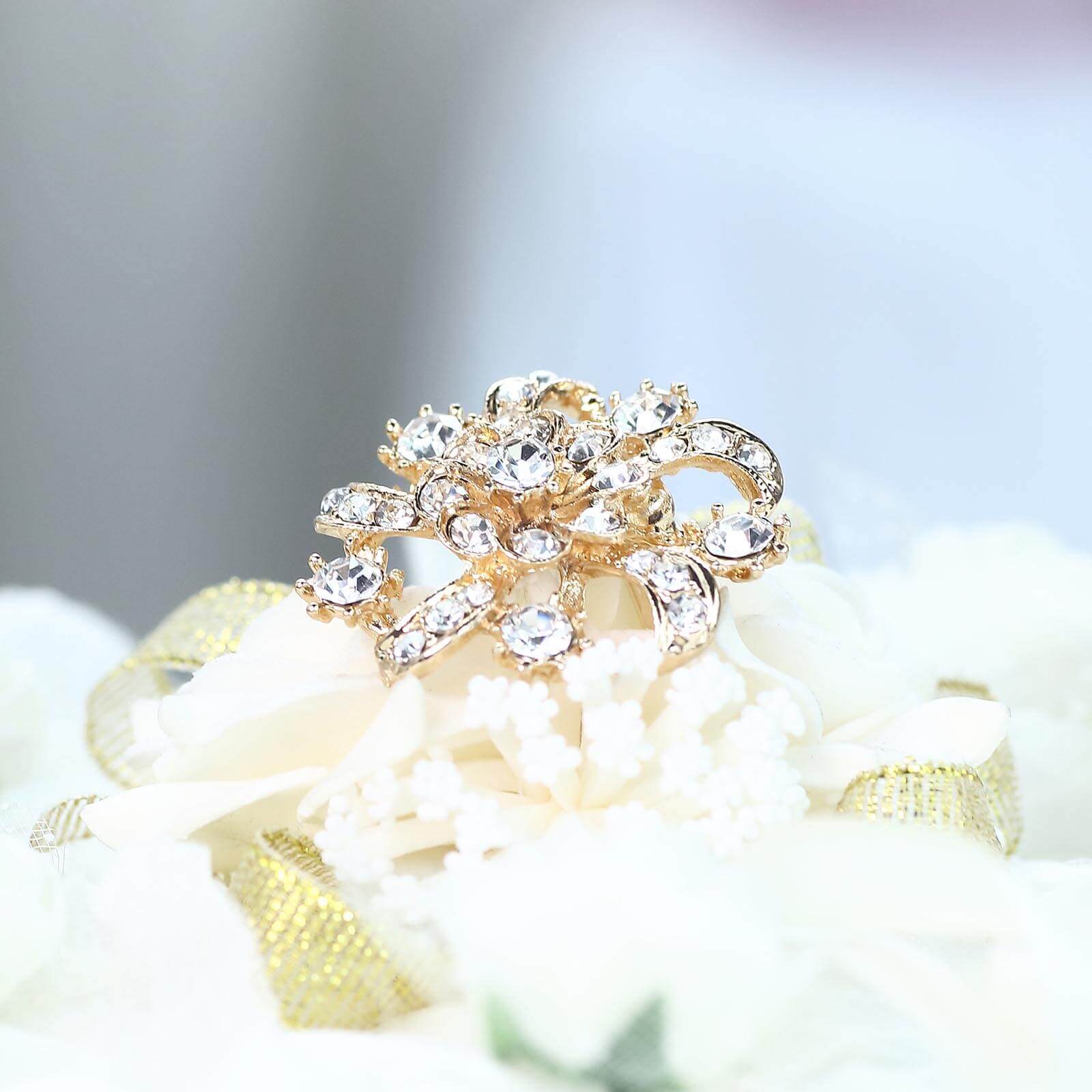 5 Pack Rhinestone Brooches Gold Plated with Mandala Crystal - Gleaming Floral Sash Pins for Wedding Bouquets & Events - Linen Luxes