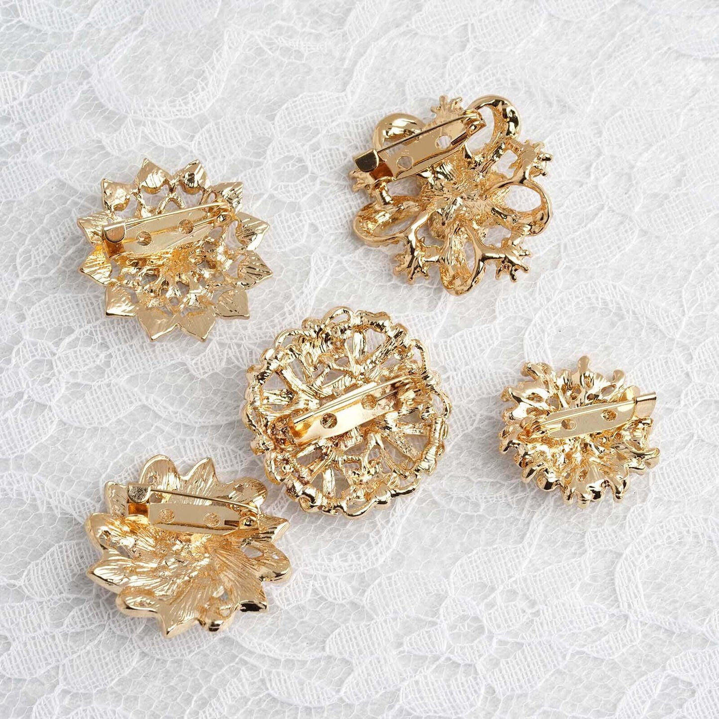 5 Pack Rhinestone Brooches Gold Plated with Mandala Crystal - Gleaming Floral Sash Pins for Wedding Bouquets & Events - Linen Luxes