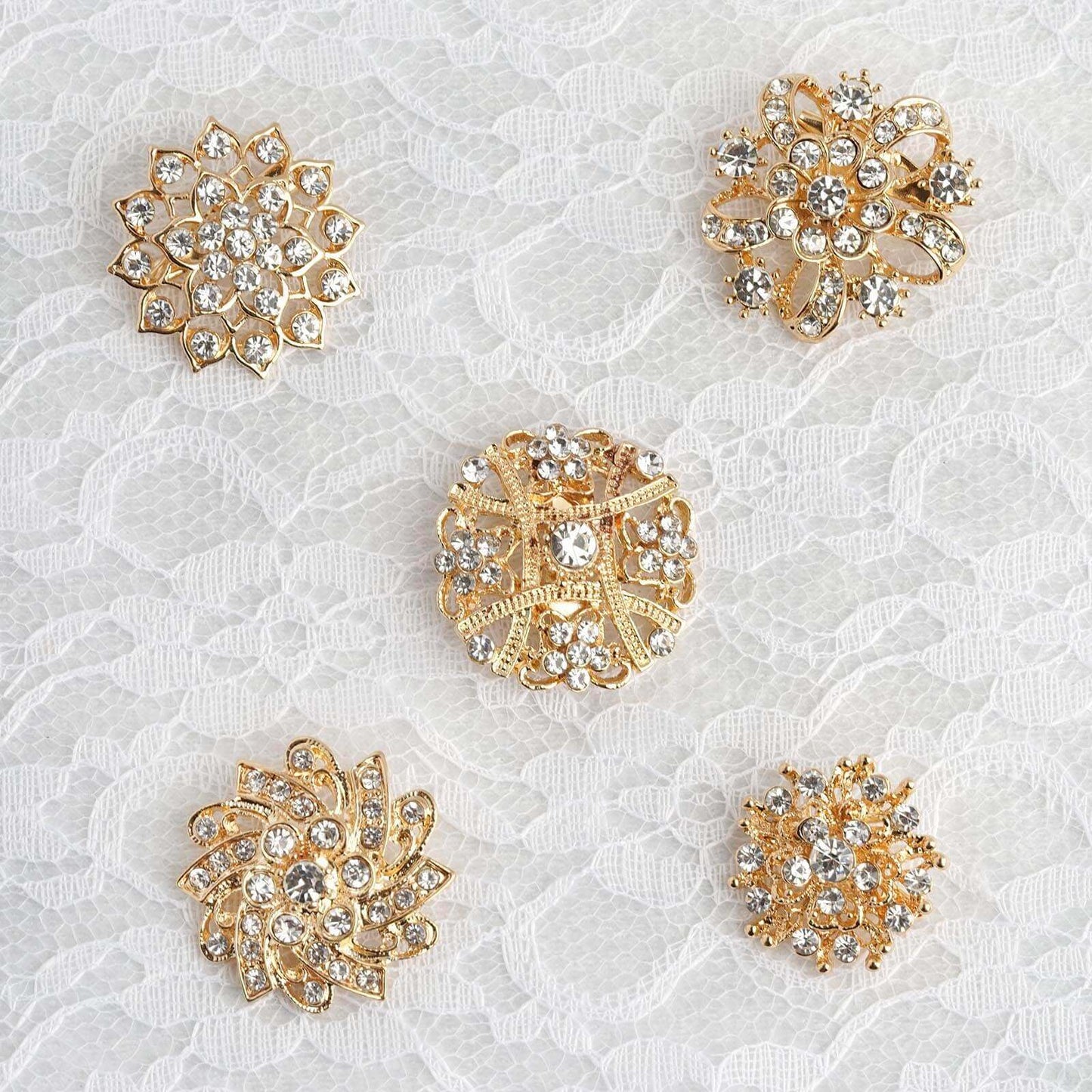 5 Pack Rhinestone Brooches Gold Plated with Mandala Crystal - Gleaming Floral Sash Pins for Wedding Bouquets & Events - Linen Luxes