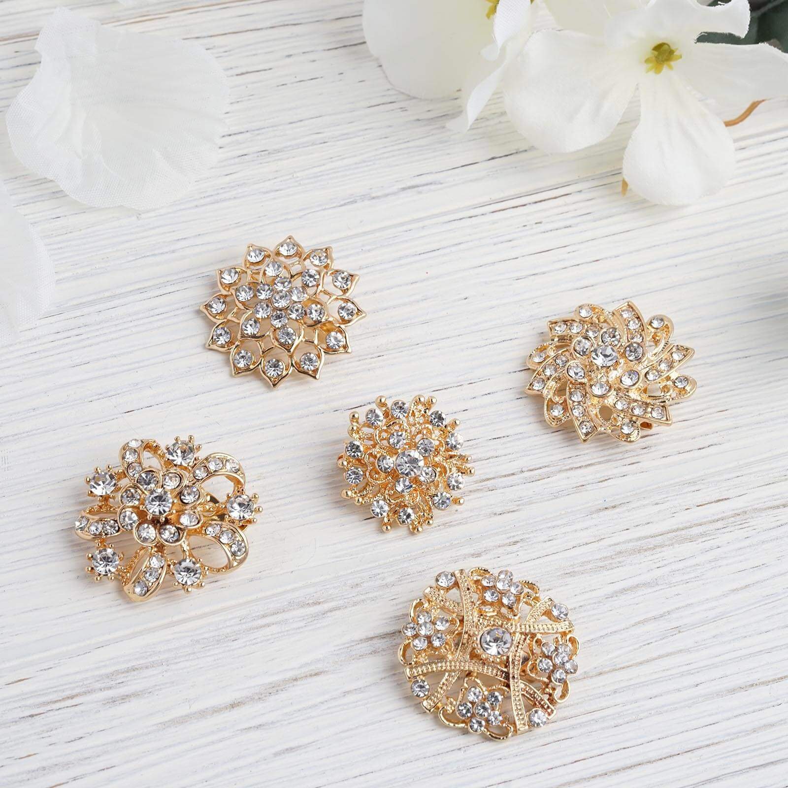 5 Pack Rhinestone Brooches Gold Plated with Mandala Crystal - Gleaming Floral Sash Pins for Wedding Bouquets & Events - Linen Luxes