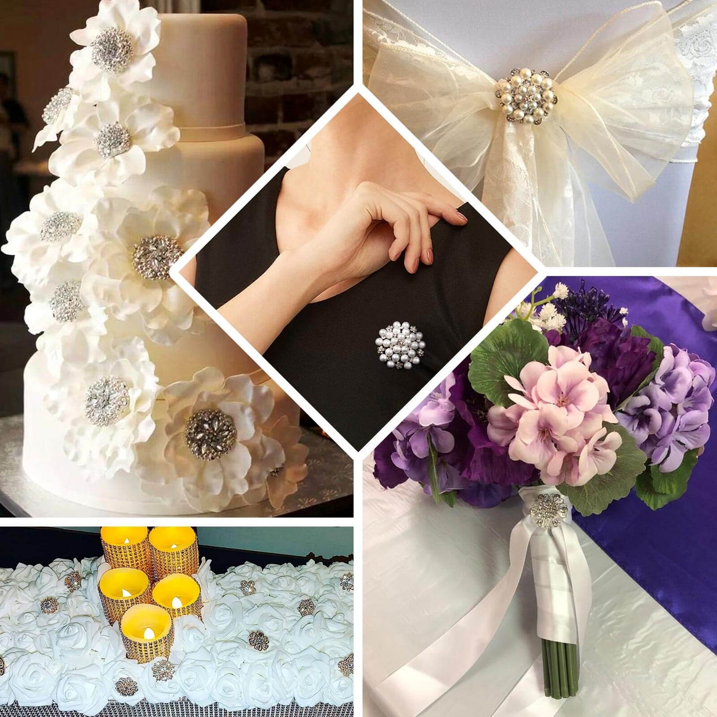 5 Pack Rhinestone Brooches Gold Plated with Mandala Crystal - Gleaming Floral Sash Pins for Wedding Bouquets & Events - Linen Luxes