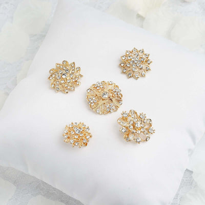 5 Pack Rhinestone Brooches Gold Plated with Mandala Crystal - Gleaming Floral Sash Pins for Wedding Bouquets & Events - Linen Luxes