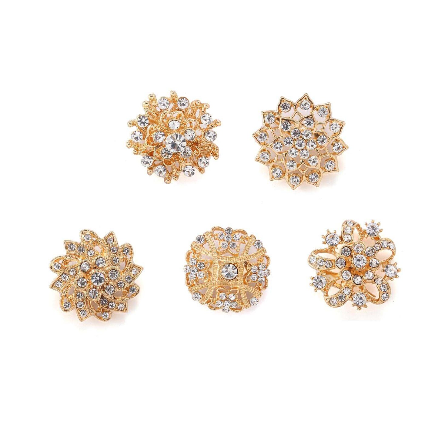 5 Pack Rhinestone Brooches Gold Plated with Mandala Crystal - Gleaming Floral Sash Pins for Wedding Bouquets & Events - Linen Luxes