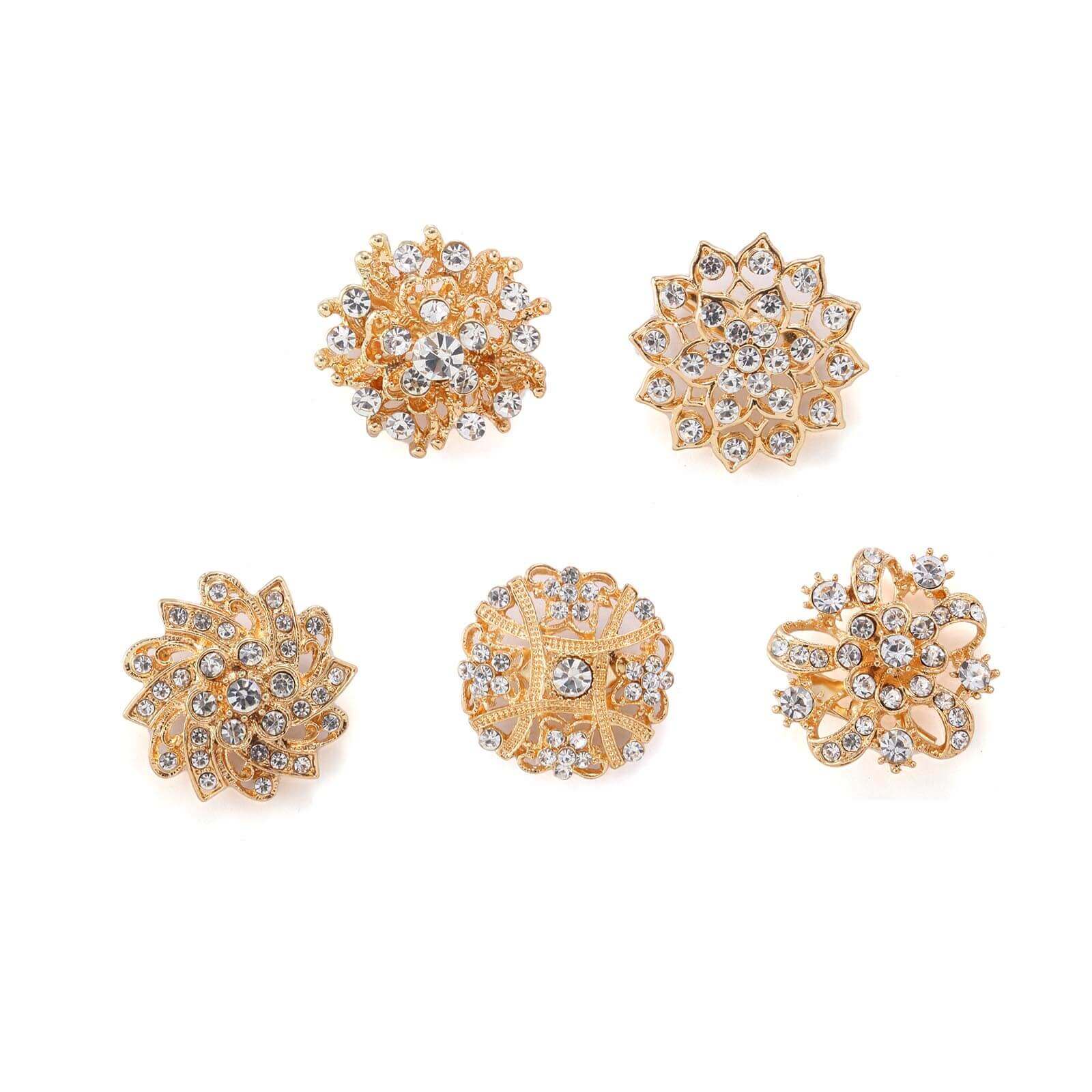 5 Pack Rhinestone Brooches Gold Plated with Mandala Crystal - Gleaming Floral Sash Pins for Wedding Bouquets & Events - Linen Luxes