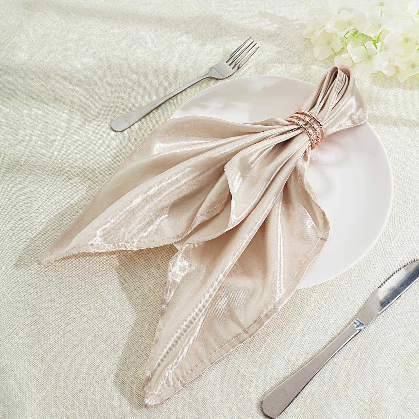 5 Pack Satin 20"x20" Napkins Beige - Luxurious Shine & Smooth Dinner Napkins - Linen Luxes