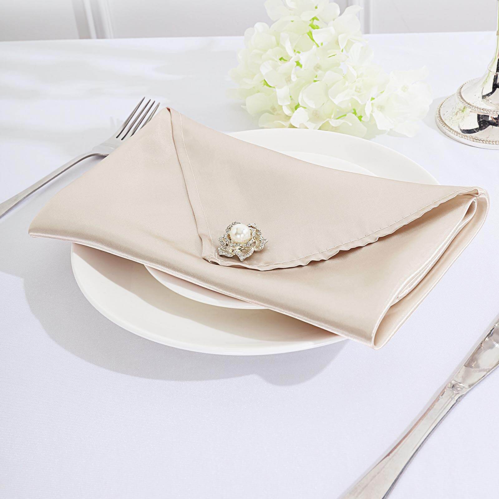 5 Pack Satin 20"x20" Napkins Beige - Luxurious Shine & Smooth Dinner Napkins - Linen Luxes