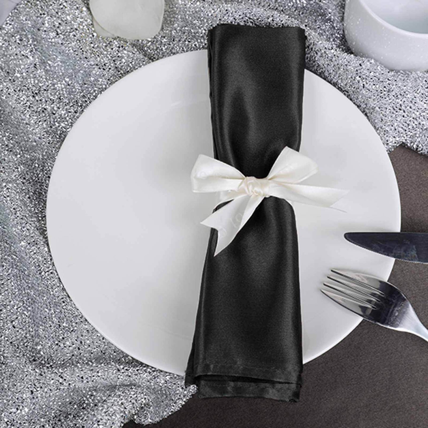 5 Pack Satin 20"x20" Napkins Black - Luxurious Shine & Smooth Dinner Napkins for Upscale Events - Linen Luxes
