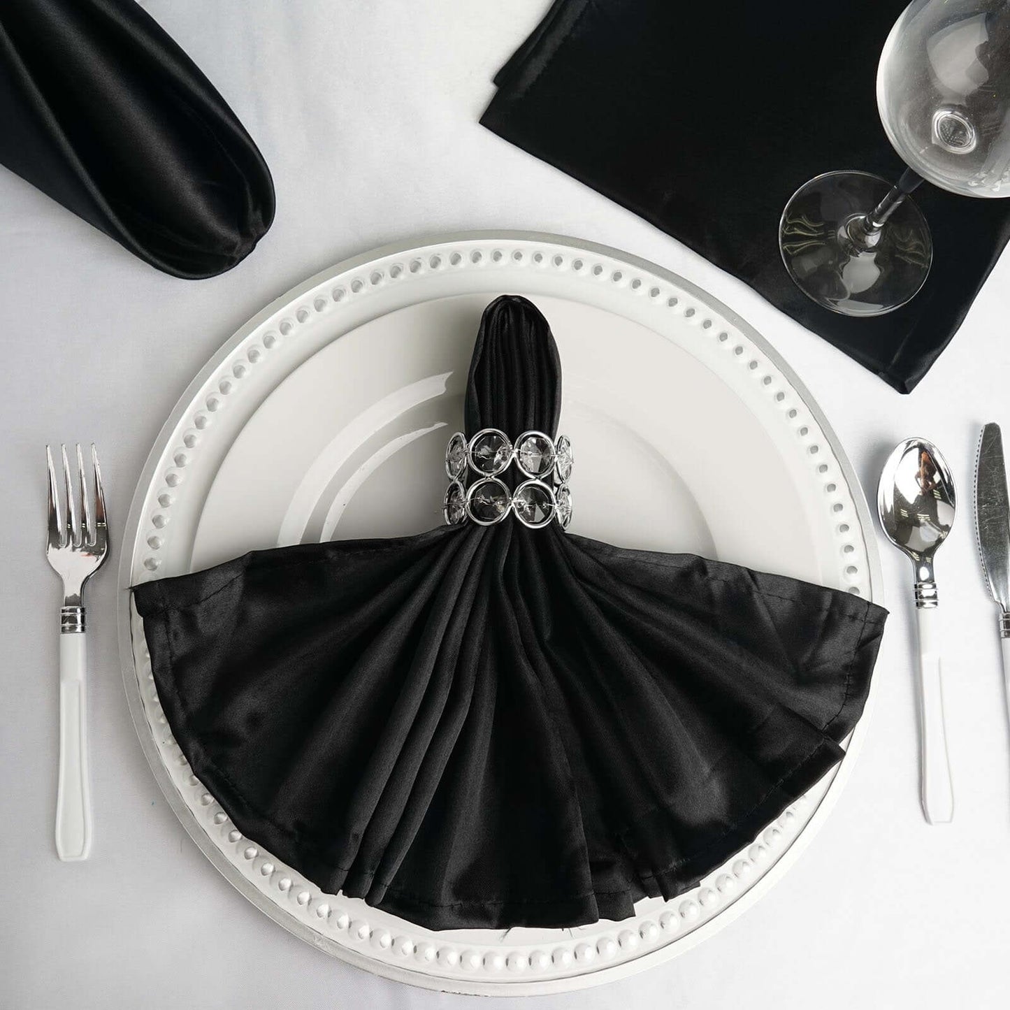 5 Pack Satin 20"x20" Napkins Black - Luxurious Shine & Smooth Dinner Napkins for Upscale Events - Linen Luxes
