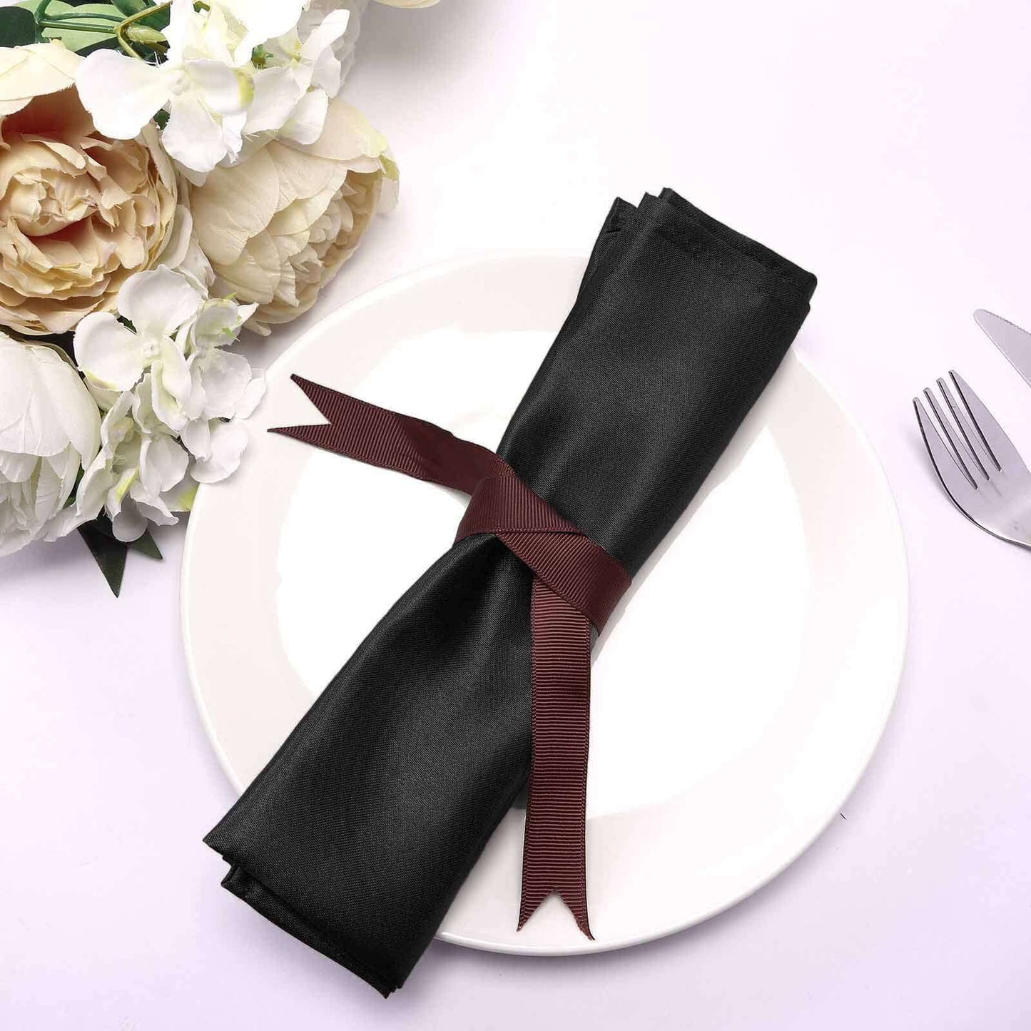 5 Pack Satin 20"x20" Napkins Black - Luxurious Shine & Smooth Dinner Napkins for Upscale Events - Linen Luxes
