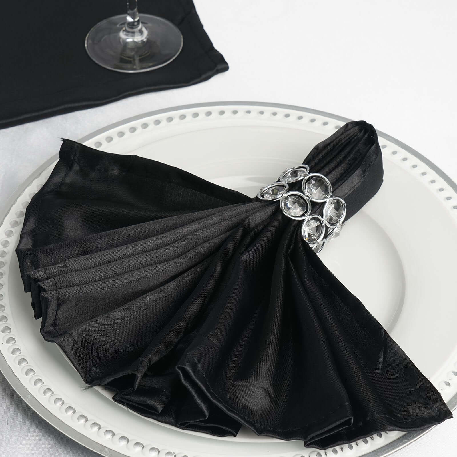 5 Pack Satin 20"x20" Napkins Black - Luxurious Shine & Smooth Dinner Napkins for Upscale Events - Linen Luxes