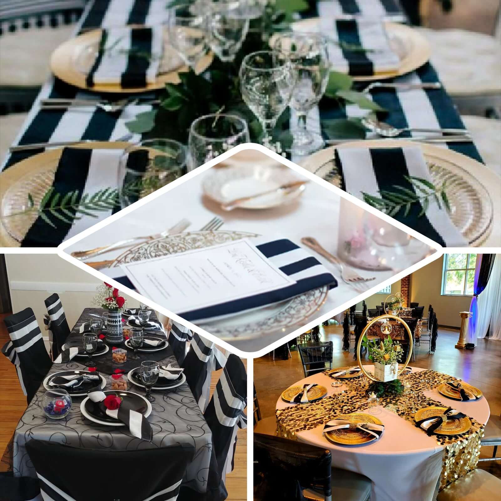 5 Pack Satin 20"x20" Napkins Black/White - Striped Reusable Dinner Napkins for Formal & Casual Dining - Linen Luxes