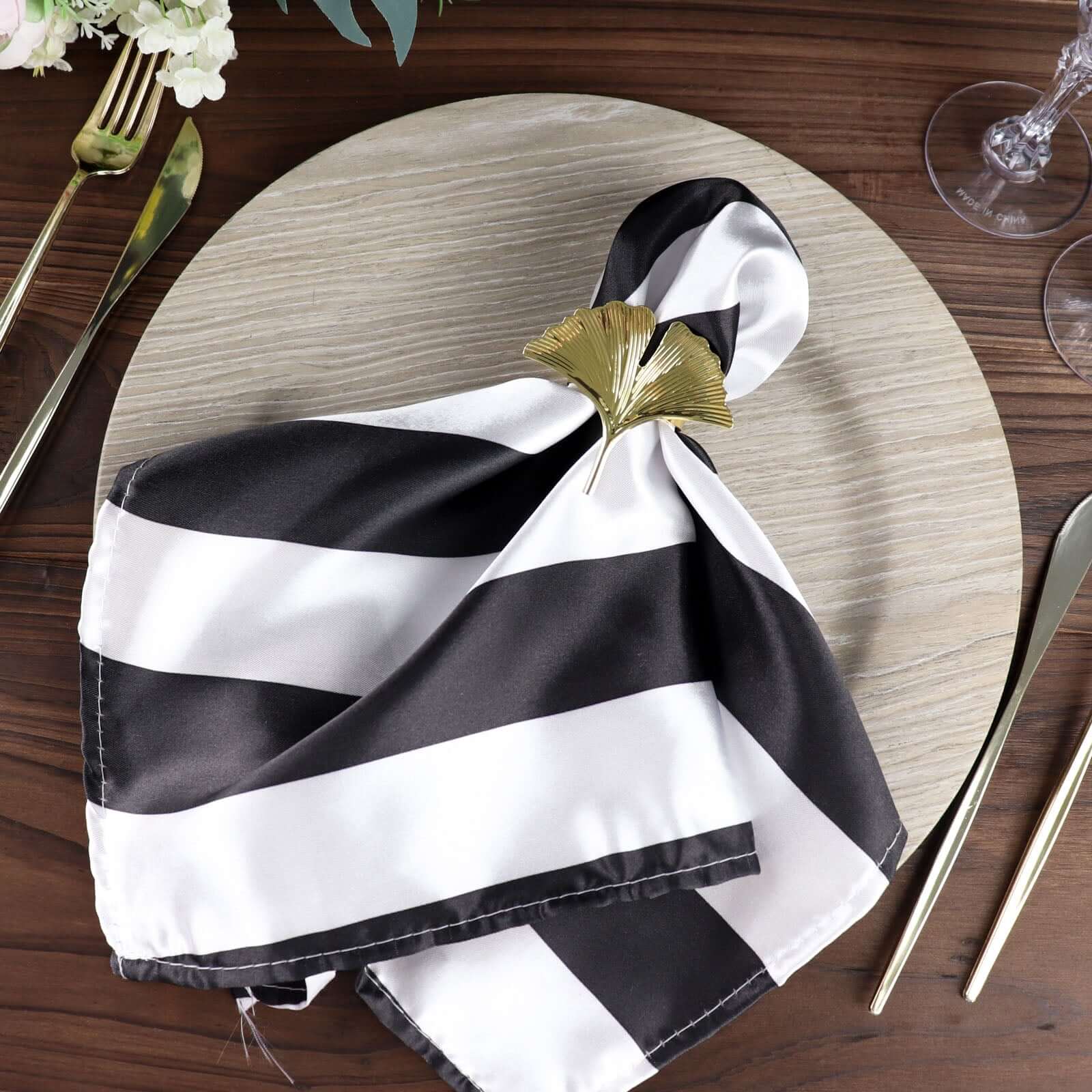 5 Pack Satin 20"x20" Napkins Black/White - Striped Reusable Dinner Napkins for Formal & Casual Dining - Linen Luxes