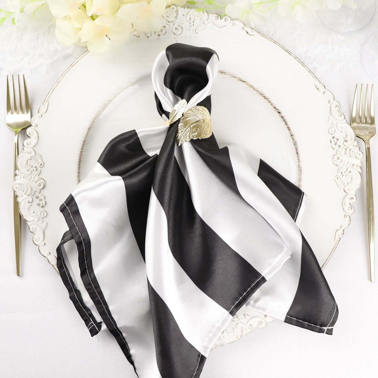 5 Pack Satin 20"x20" Napkins Black/White - Striped Reusable Dinner Napkins for Formal & Casual Dining - Linen Luxes